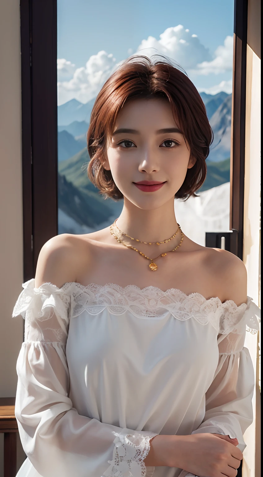 Realism, Surrealist painting, photorealistic realism, (very detailed 8k wallpapers), (extremely delicate and beautiful), (masterpiece), (best quality: 1.5), (ultra resolution: 1.3), detailed skin, ultra-detailed, (short wave hair:1.2), smile, red_hair, breeze, diamond_necklace, full_body, white_off_the_shoulder_shirt_ with_bobo_sleeves, gold_lace, (mountain_top: 1.6), (colorful_clouds), realistic shadows,