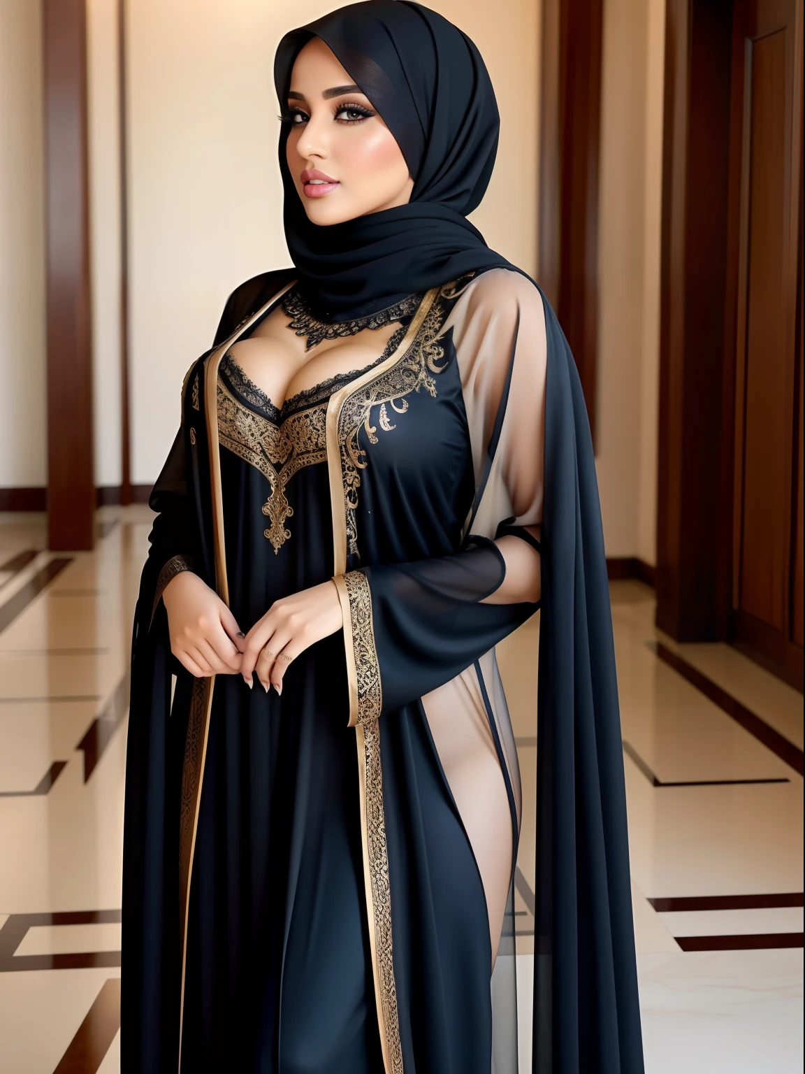 Beautiful cute Arabian saudi busty woman. Big lips. Perfect face. Makeup. . Full body. Hourglass figure. Revealing sexy abaya. Masterpiece