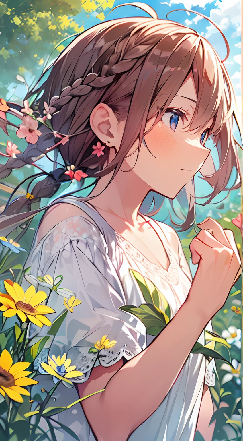 masutepiece, Best Quality,Illustration, Wallpaper, Ultra Detail, Absurd beauty、1 beautiful girl、 (Middle hair、short braided hair), Beautiful ultra-detailed eyes , Hair fluttering in the wind、Keep your head small、flower field、great outdoors、Landscape of the flower garden