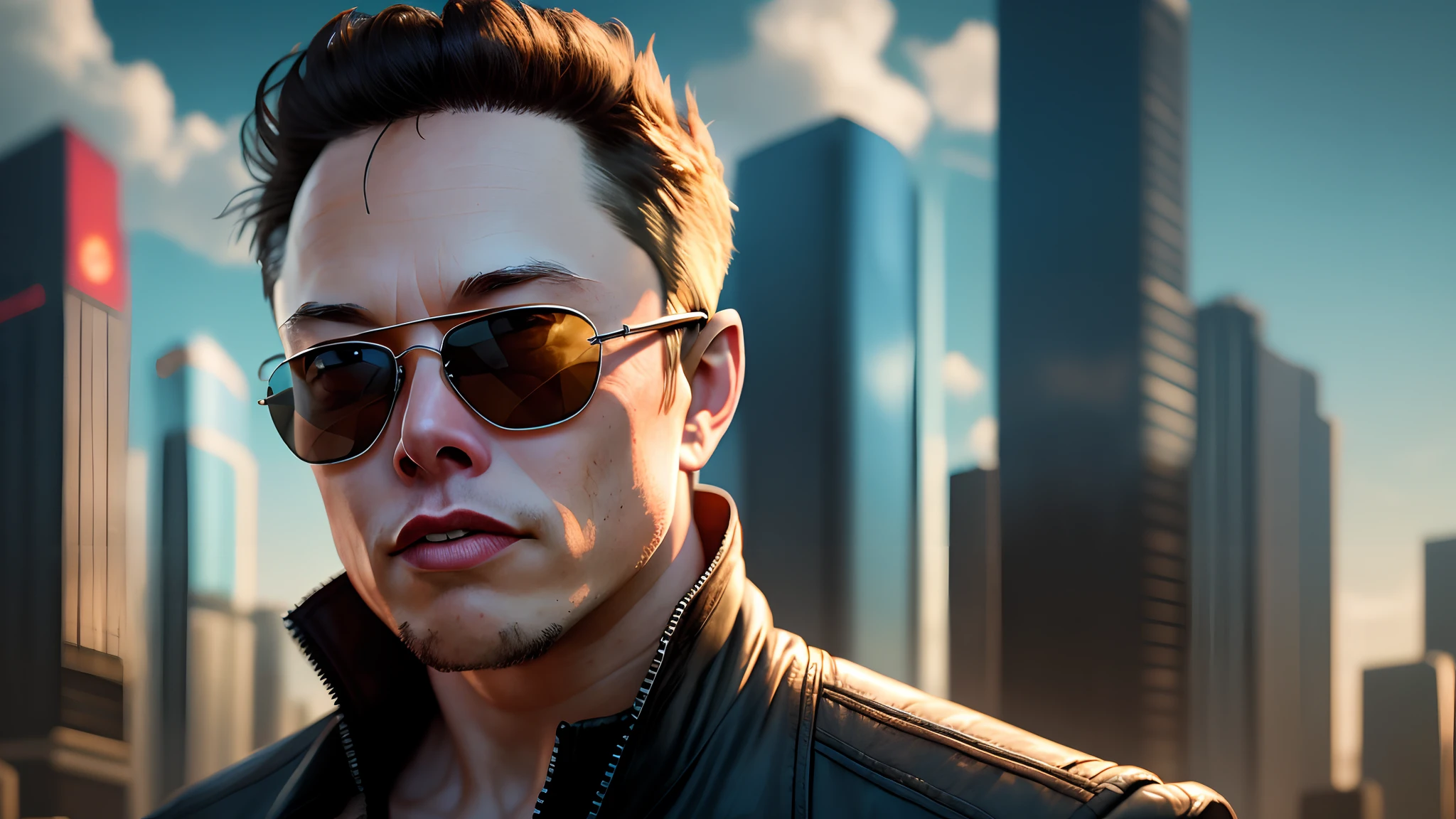 Elon Musk, donning Rayban sunglasses and an Agent Smith costume, set against an undestroyed city with a futuristic, cyberpunk vibe and a blue sky. Medium: Hyper-realistic digital art. Style: A fusion of "Matrix Trilogy" and modern futurism. Lighting: Natural daylight with a golden hour glow on Elon Musk, and dynamic shadows in the cityscape. Colors: Earth tones for Elon Musk's costume, juxtaposed with bright azure and cobalt for the sky. Composition: Captured with a Nikon D850, using a 50mm f/1.4 lens, Resolution 45.7 megapixels, ISO sensitivity: 64, Shutter speed 1/200 second. --auto --s2