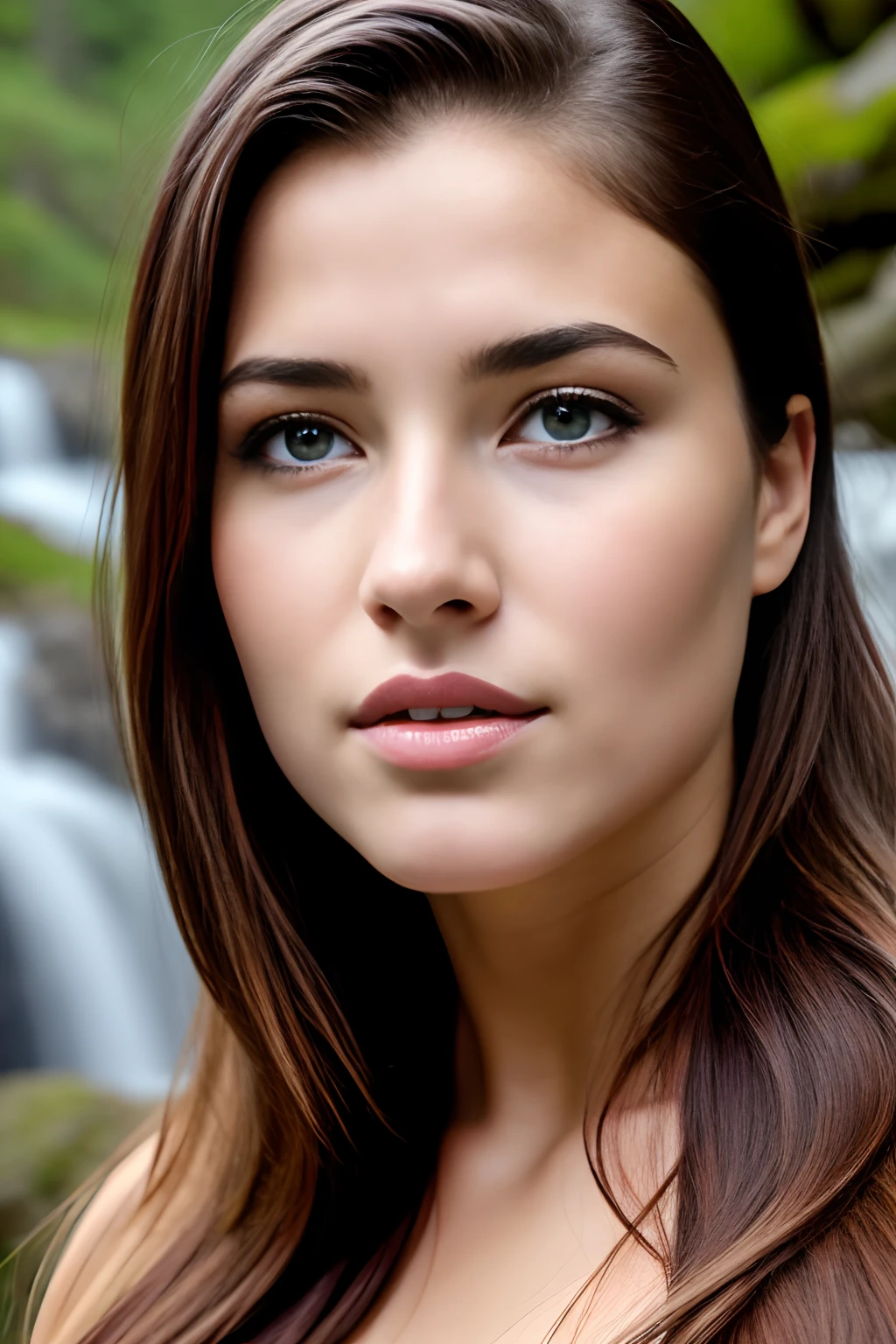 cinematic, nordic woman, incredible nordic nature scene, waterfall background, detailed facial features, realistic skin, natural features, Phantom High Speed Camera,