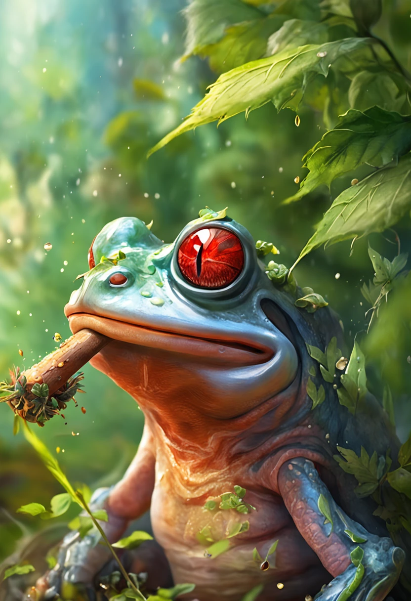 A HUMANOID FROG smoking canabis, a big joint in the mouth, multicolored skin, nice and detailed fascinations, captivating look, trippy, human frog smoking a big joint of canabis, lot of white smoke, very big red eyes, with natural and bright light, a humanoid frog smoking a big joint of canabis, 8K UHD, a masterpiece, 3D rendering, canabis leafs in the background, trippy lighting