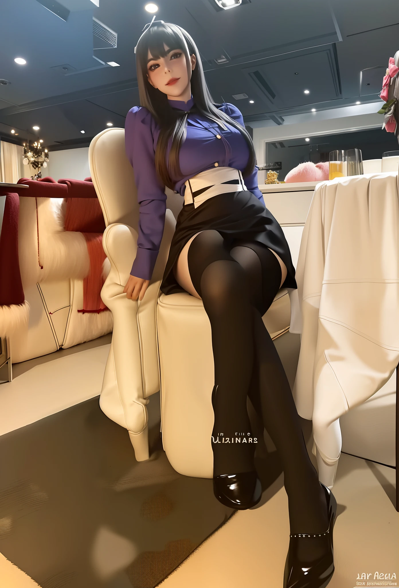 Alapi sits in a chair in the dining room in a skirt and stockings, Full length and white stockings, thighhighs and skirt, Wearing stockings, she is about 2 5 years old, she is about 20 years old, she is about 2 0 years old, 19-year-old girl, wearing in stocking, Sexy look