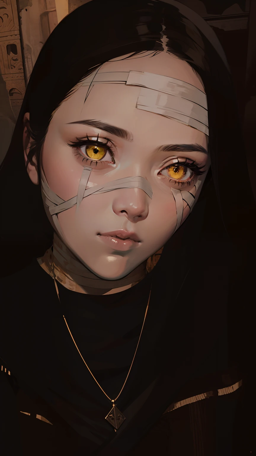 (flat color:1.4),1girl, solo focus, mummy, mummy custom, her hair in wrapped and concealed under bandages, only a few loose strands or wisps peeking out, pale hair, ashen hair color, air of mystery, glowing eyes, ethereal eyes, yellow eyes, eerie yellow, almond eyes, elongated eyes, thin eyebrows, wispy eyebrows, covered lips under bandages, adorned in tattered, beige-colored bandages that wrap around her body,Portray the mummy girl in a graceful and slightly haunting pose, ancient tomb, crumbling walls, hieroglyphs, muted tones, earthy tones, shades of brown, beige, and faded gold, soft lighting, diffused lighting, gentle shadows on the bandages, glowing symbols emanating from the mummy girl's body,