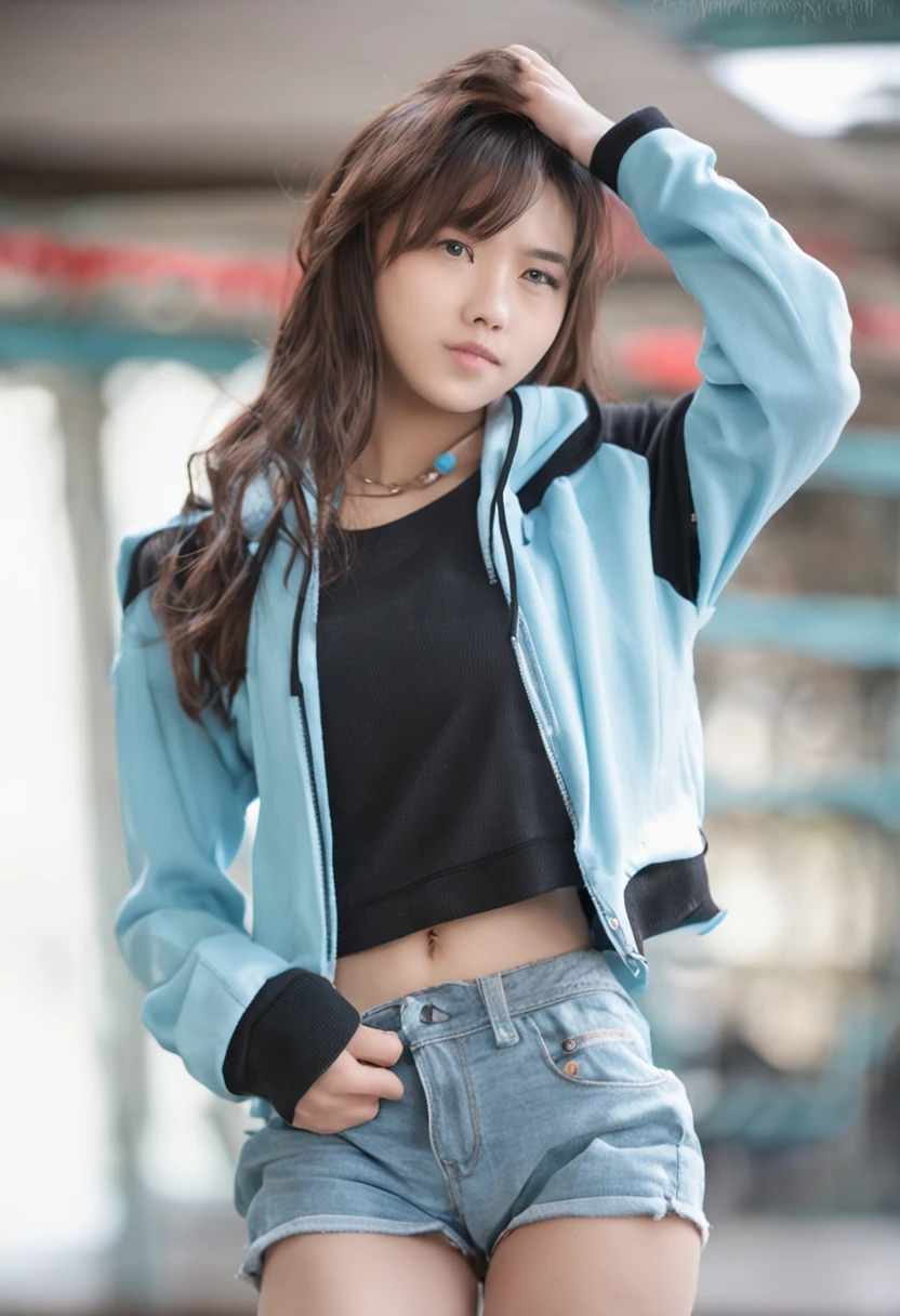 Japanese model, gravure idol, full body, young and cute gravure idol, real young gravure idol, real gravure idol, young gravure idol, sophisticated gravure idol, gravure idol, beautiful asian girl, ever, masterpiece, best Quality, high resolution, one girl, blue, white, red, black half-up hoodie, Kata's black and red colors, blue and white T-shirt on the chest, cut clothes on the chest, short skirt, necklace, close up Futuristic feel, head-to-toe imagery, depth of field, highly detailed gorgeous face, natural posture, freckles, belly, legs and feet