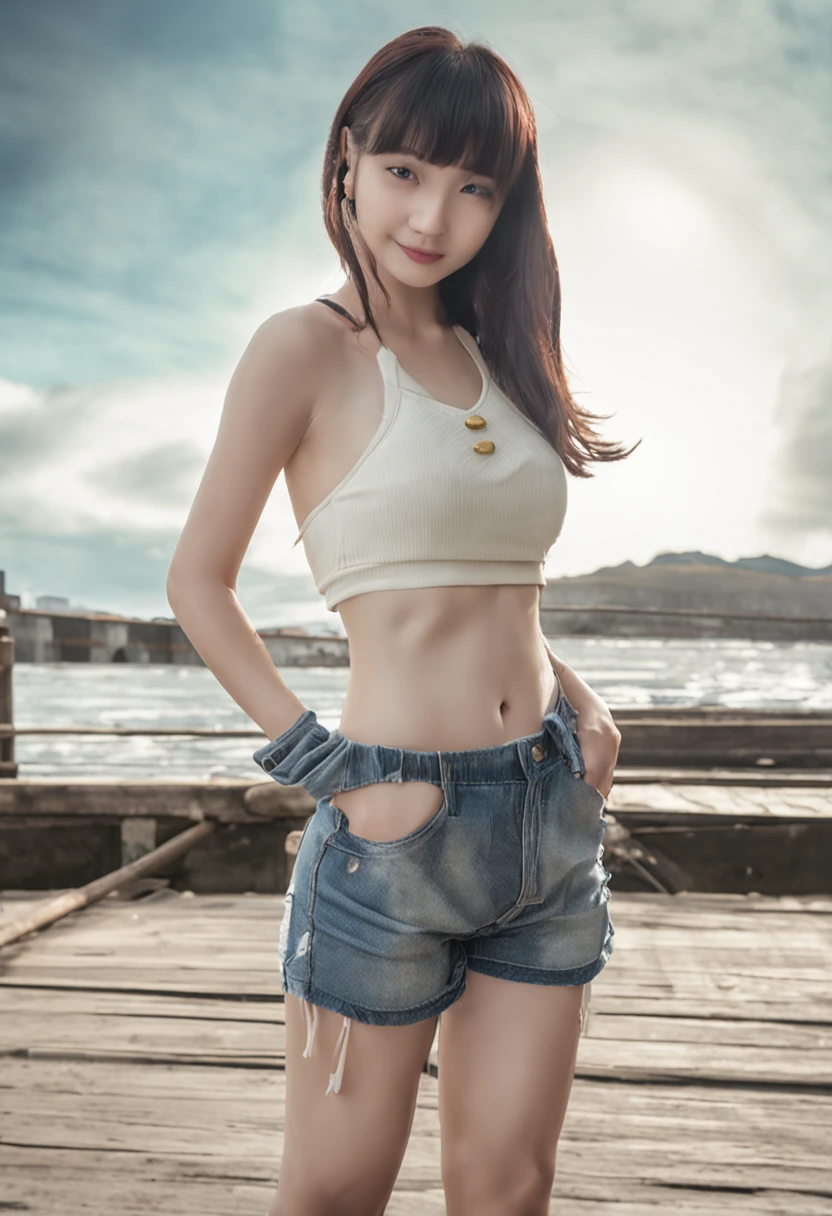Japanese model, gravure idol, full body, young and cute gravure idol, real young gravure idol, real gravure idol, young gravure idol, sophisticated gravure idol, gravure idol, beautiful asian girl, ever, masterpiece, best Quality, high resolution, one girl, blue, white, red, black half-up hoodie, Kata's black and red colors, blue and white T-shirt on the chest, cut clothes on the chest, short skirt, necklace, close up Futuristic feel, head-to-toe imagery, depth of field, highly detailed gorgeous face, natural posture, freckles, belly, legs and feet
