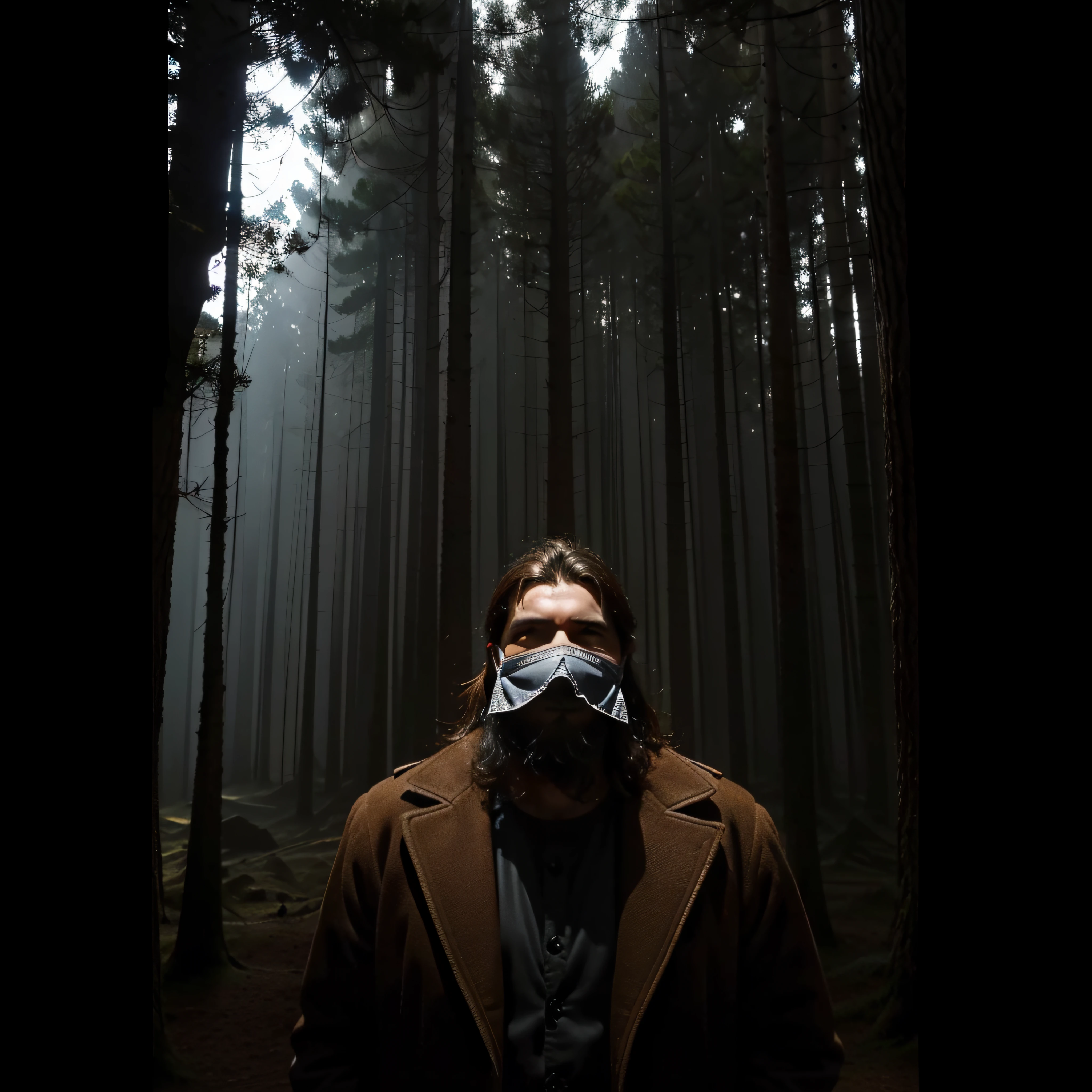 (extremadamente detallado, obra maestra, La mejor calidad, foto antigua, principios de siglo) giant man with a mask, colmillos, una linterna directa lo ilumina, bosque de noche. plano cercano. sangre por el suelo.