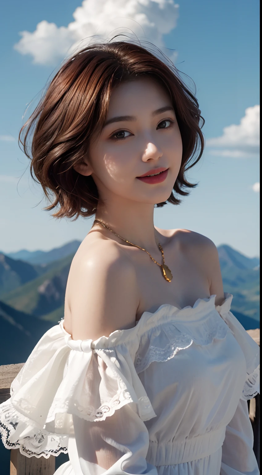 Realism, Surrealist painting, photorealistic realism, (very detailed 8k wallpapers), (extremely delicate and beautiful), (masterpiece), (best quality: 1.5), (ultra resolution: 1.3), detailed skin, ultra-detailed, (short wave hair:1.2), smile, red_hair, breeze, diamond_necklace, full_body, white_off_the_shoulder_shirt_ with_bobo_sleeves, gold_lace, (mountain_top: 1.6), (colorful_clouds), realistic shadows,