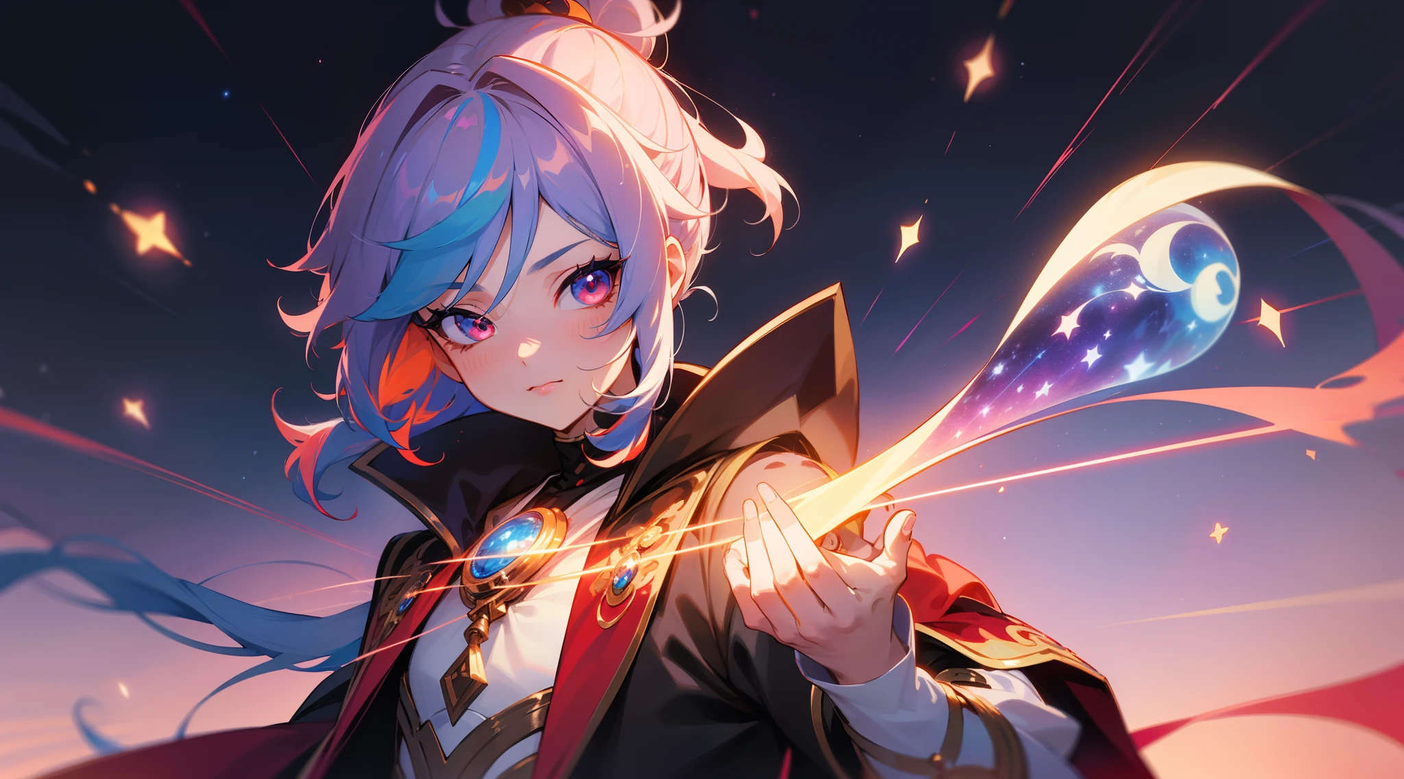 ((tmasterpiece)), (((beste-Qualit))), ((ultradetailed)), ((illustartion)), [The light effect of realism], eye shadow, (fantasy style), (whitebackground), Simple background, illustartion, 1 girl, Magic, sly look, Majestic view (multi-colored hair, Hair gradient, Hair color from blue to peach, without bangs, curly curl on the cheek, hairstyle: high ponytail, long tail), The eyes are crimson-red, Warm light, wide eyes, Lashes, side glance, Tanzanite, Glowing Hair, Fantasy clothing, Necromancer's Clothes, Necromancer Wizard, necromancy, black and red clothing, Bone jewelry on clothes, Decorations in the form of stars, Galaxy in the background, Additional lighting, Galactic haze, White Stars, Character Genshin Impact, Genshin Impact, holds chakras in his hands