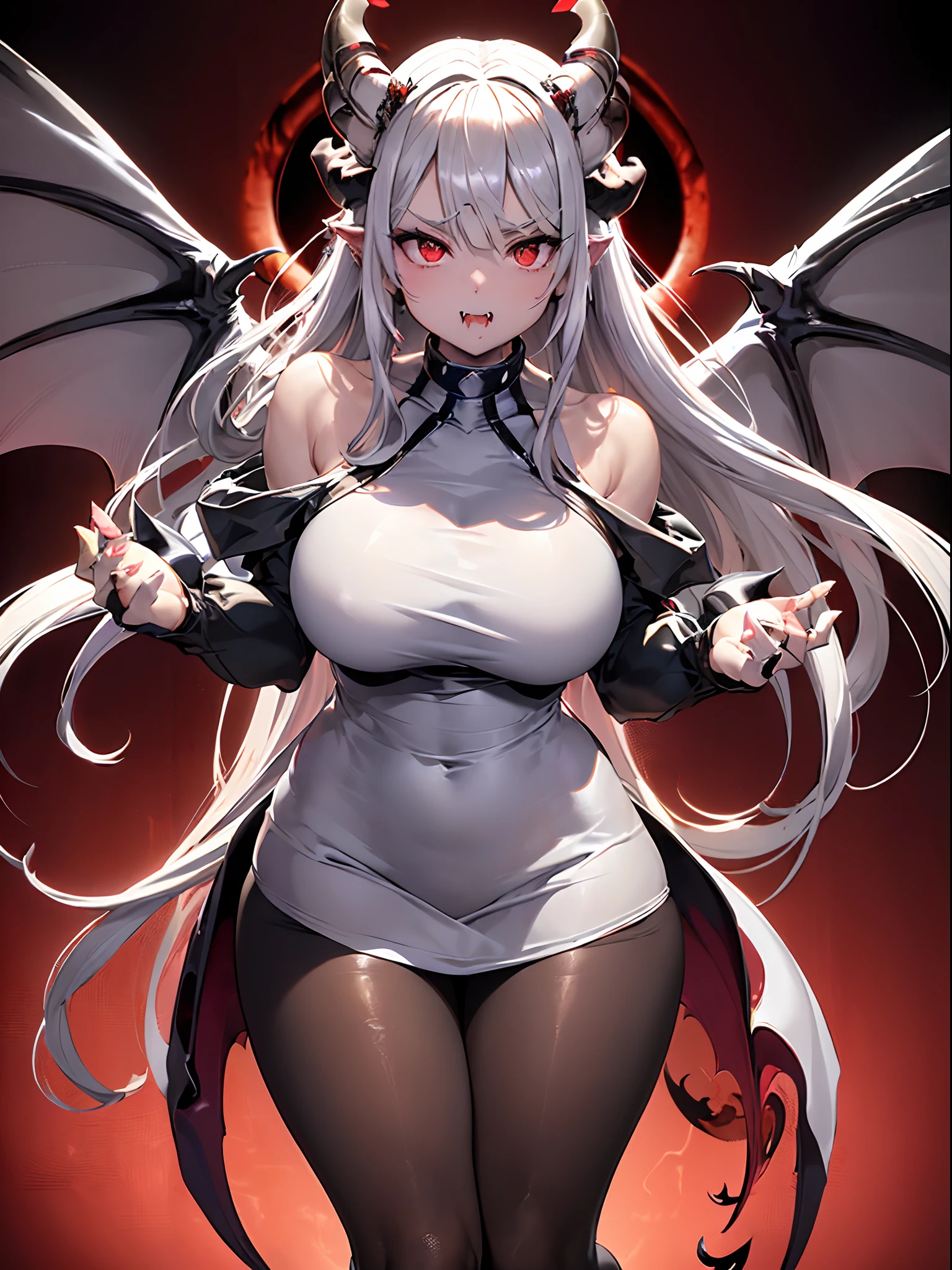 (masterpiece), (best picture quality), (super detailed), (very detailed), 4k, (8K), best picture quality, (beautiful) 1 Girl, succubus, Silver Hair, Long Hair, Two Side Up, Red Ribbon, Purple Eyes, (Big Tits), Thighs, Busty, Devil's Feather, Glossy black enamel, Noise Removal, squatting,open legs Big Red Full Moon, Red Night, close up Breasts, seductive smile