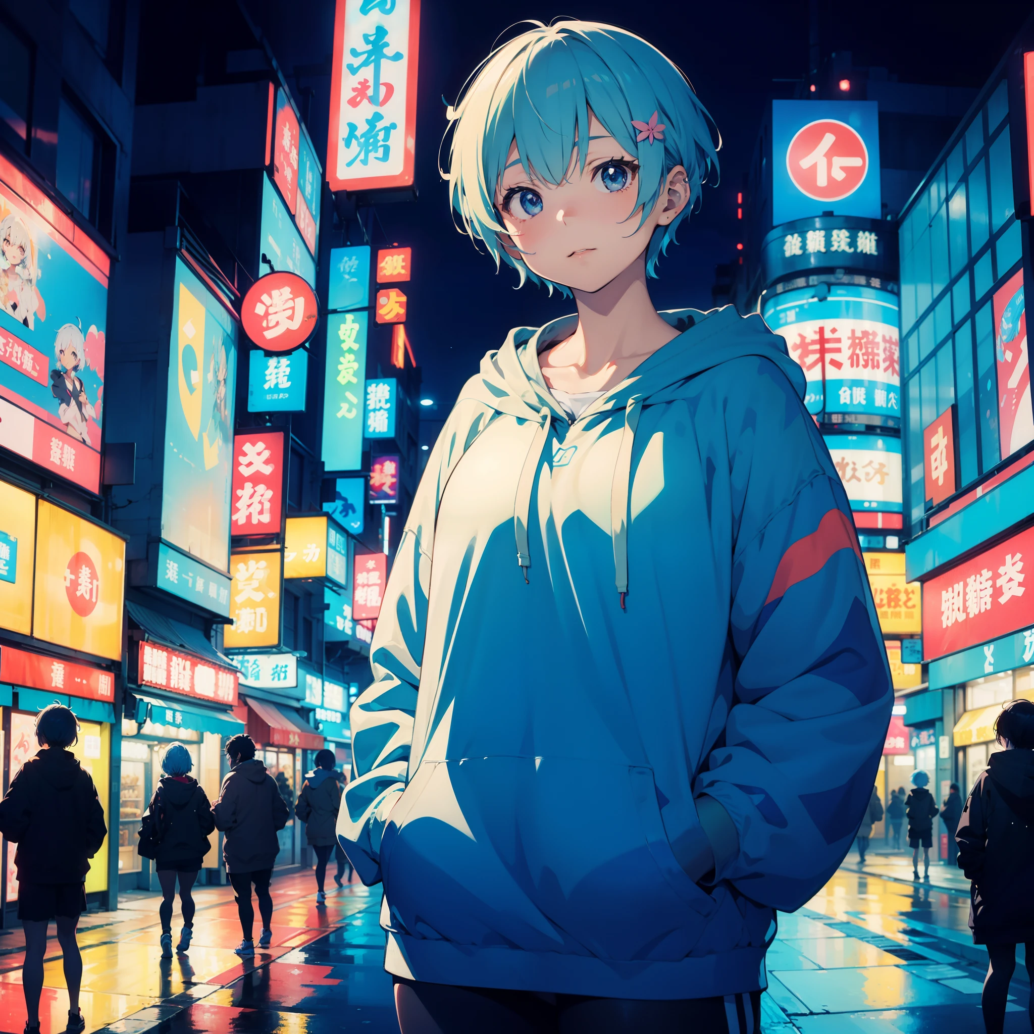 masterpiece, high quality, best detail, japanese anime illustration, a beautihul woman with light blue short hair hair wearing colorhul-hoodie, hands in pockets, (background:neon city, messy street)