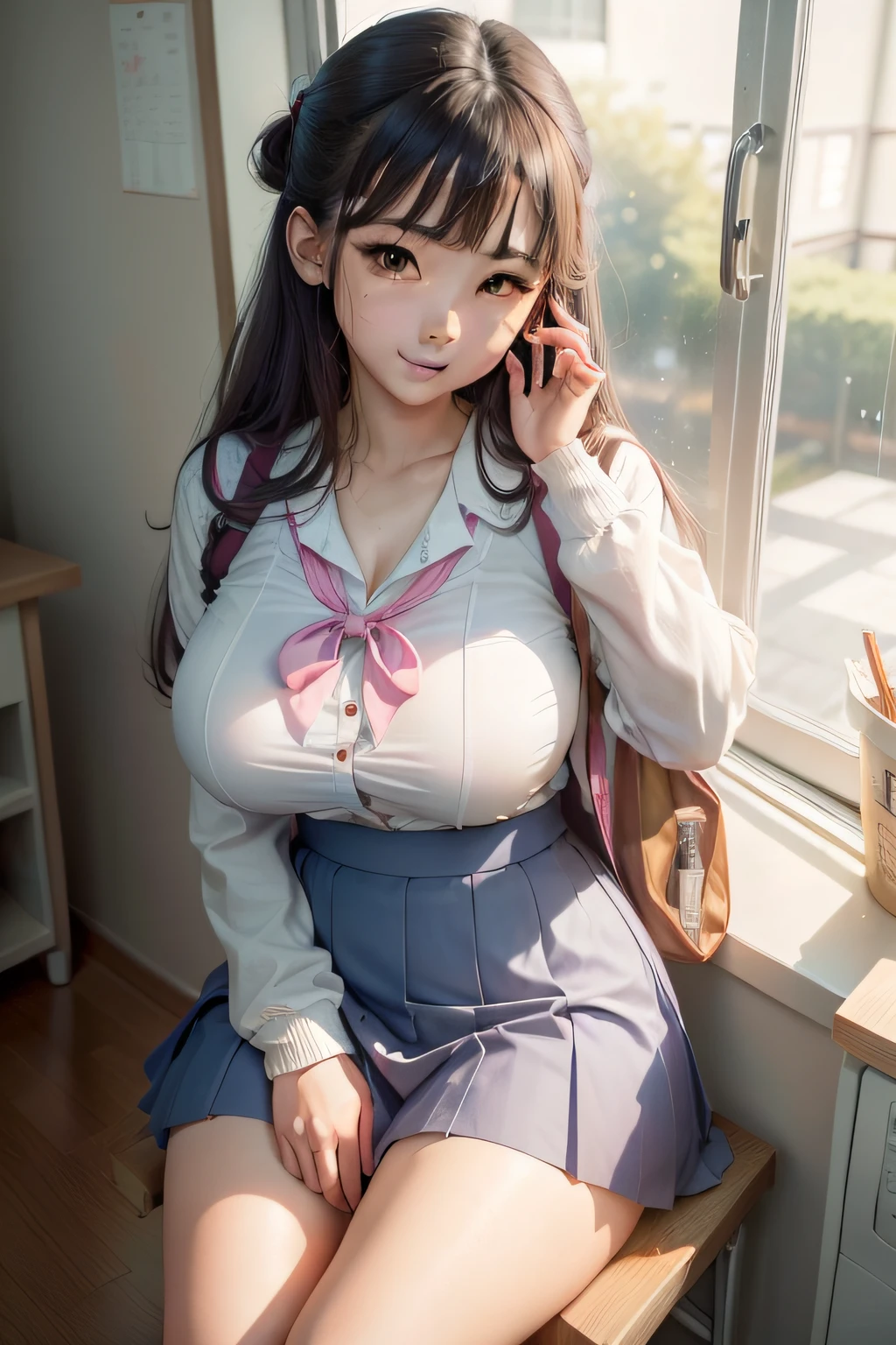 There was a young woman sitting on the washing machine in the room, japanese girl school uniform, wearing a Japanese school uniform, Japanese school uniform, cute female student, Young gravure idol, Surrealism female students, seifuku, in school uniform, of a schoolgirl posing, young pretty gravure idol, girl in uniform, in school uniform，Pop breast 1.8，((Best picture quality, 8K, tmasterpiece:1.3)), 1girll, Beautiful woman with slender abs:1.3, (Casual hairstyle, Leaky big breasts:1.2), Pink , Ultra-fine face, A detailed eye, 二重まぶた，ssmile，Weight 200 pounds