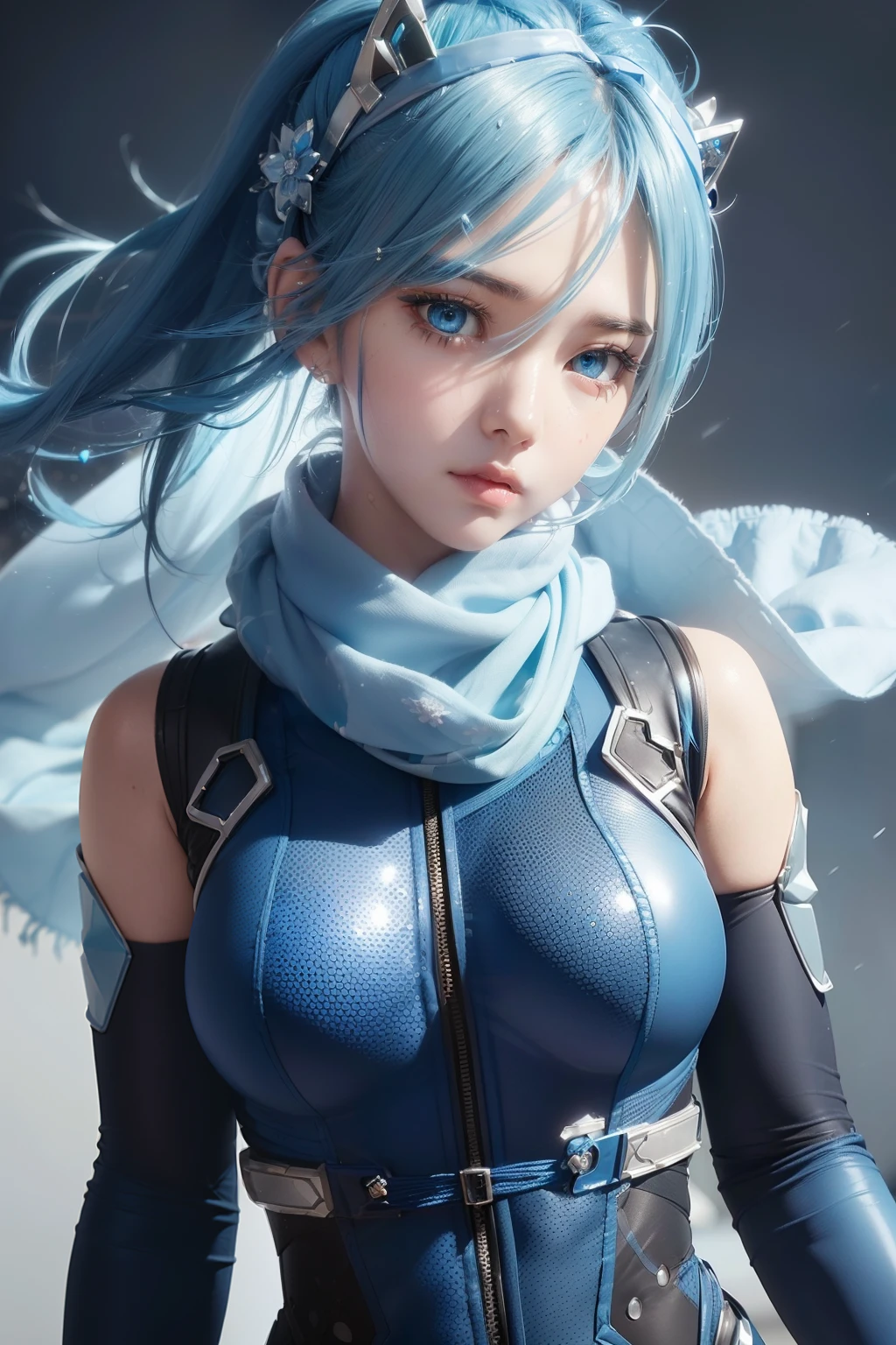 Bust to waist ((half body) beauty anime girl /// (blue hair using ice flower hair clip) (((wearing detailed combat body suit with scarf))), upperbody shots, detailed skin, face sharp focus, detailed eyes and pupils, detailed hair, intricate details and sharp, masterpiece, global illumination, real shadow, bokeh, best quality, photorealistic, realistic, 8k