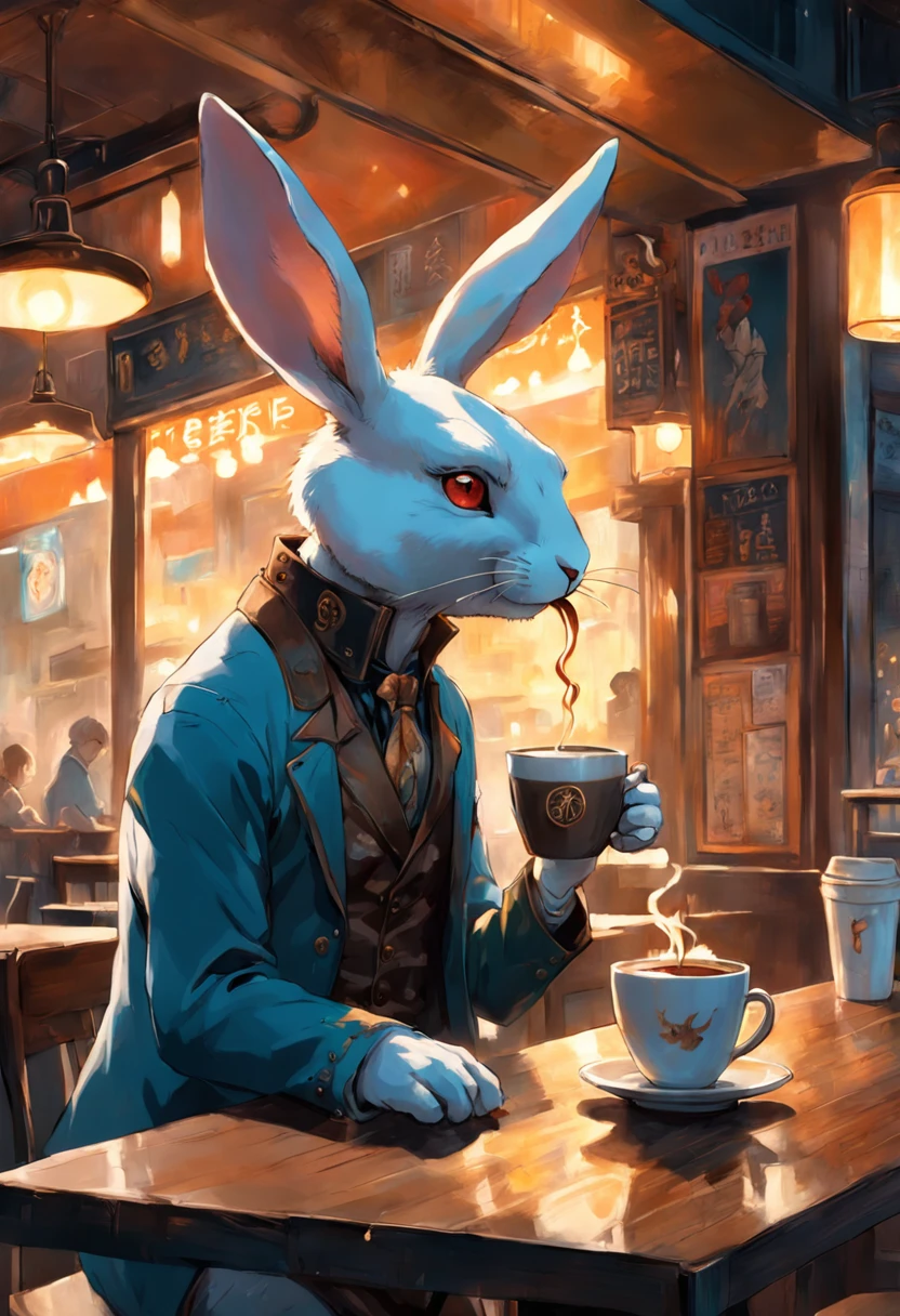 a humanoid rabbit drinking coffee at a coffee shop, art by [Esao Andrews]