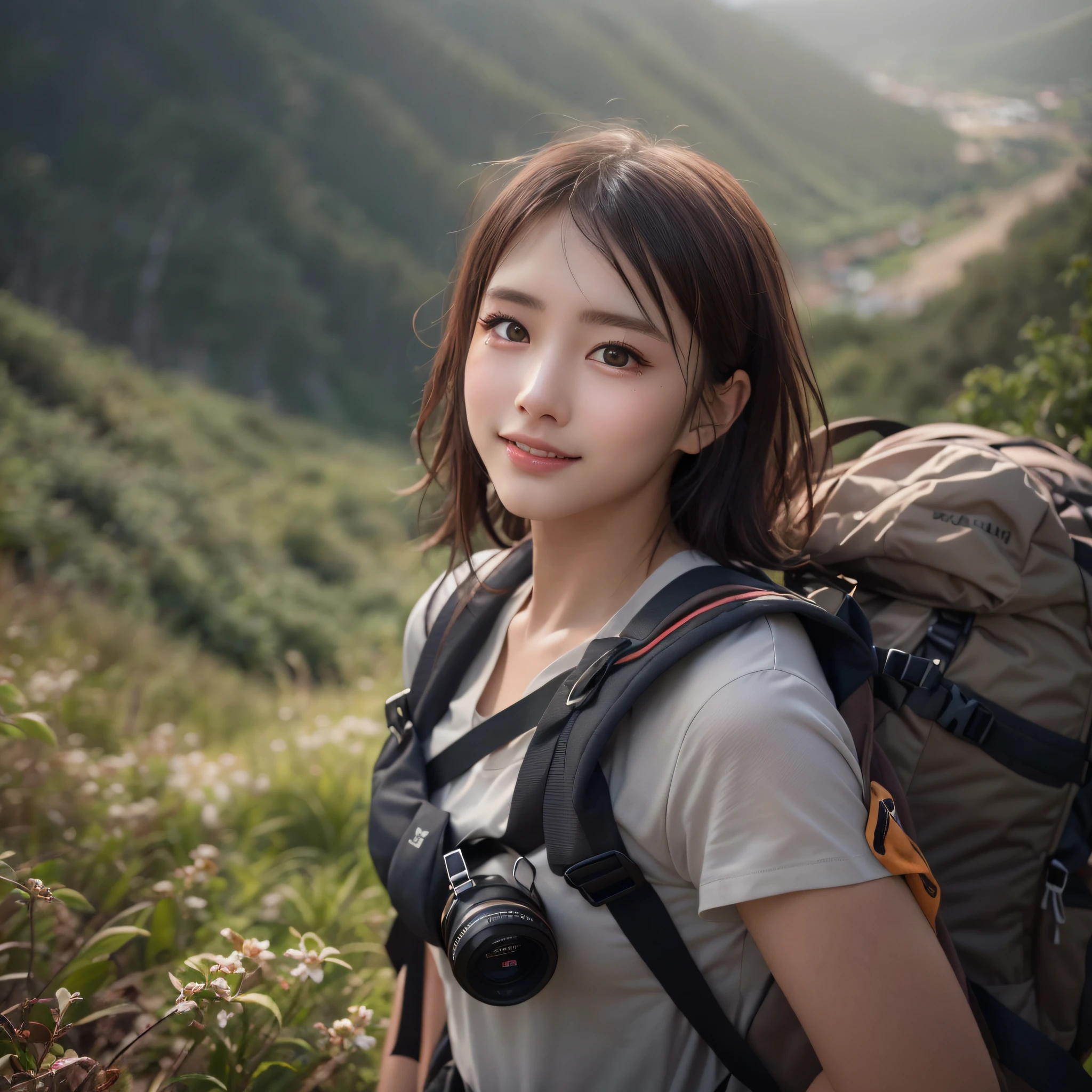 best quality, masterpiece, ultra high res, (photorealistic:1.3), RAW photo, (Naturescape photography), (Magnificent mountain, sea of clouds), (On a very high mountain peak), (sunset), 
(1girl), (upper body), (20 year old), (smile:0.9), (shiny skin), (short hair, dark brown hair), 
(Wearing a gingham check shirt over a white T-shirt), (Trekking shorts), (Carrying a large backpack), 
(ultra detailed face), (ultra Beautiful fece), (ultra detailed eyes), (ultra detailed nose), (ultra detailed mouth), (ultra detailed arms), (ultra detailed body),  Sony α7, 85mm Lens, f9.0, pan focus