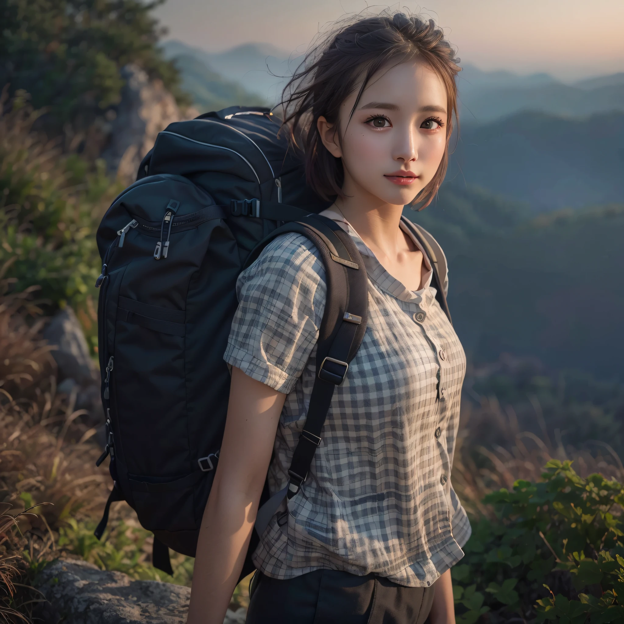 best quality, masterpiece, ultra high res, (photorealistic:1.3), RAW photo, (Naturescape photography), (Magnificent mountain, sea of clouds), (On a very high mountain peak), (sunset),
(1girl), (upper body), (20 year old), (smile:0.9), (shiny skin), (short hair, dark brown hair),
(Wearing a gingham check shirt over a white T-shirt), (Trekking shorts), (Carrying a large backpack),
(ultra detailed face), (ultra Beautiful fece), (ultra detailed eyes), (ultra detailed nose), (ultra detailed mouth), (ultra detailed arms), (ultra detailed body), Sony α7, 85mm Lens, f9.0, pan focus