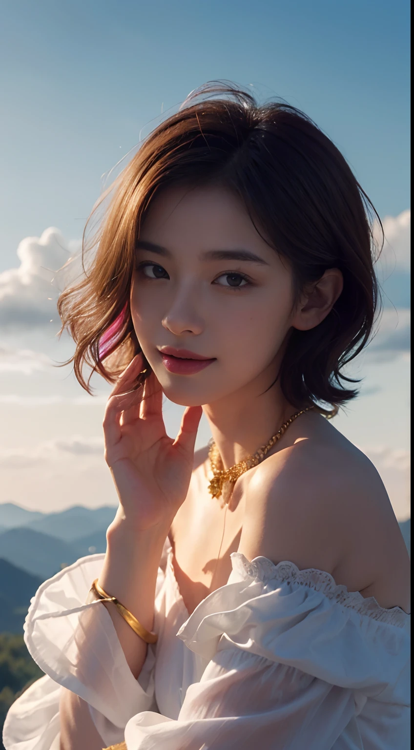 Realism, Surrealist painting, photorealistic realism, (very detailed 8k wallpapers), (extremely delicate and beautiful), (masterpiece), (best quality: 1.5), (ultra resolution: 1.3), detailed skin, ultra-detailed, (short wave hair:1.2), smile, red_hair, breeze, diamond_necklace, full_body, white_off_the_shoulder_shirt_ with_bobo_sleeves, gold_lace, (mountain_top: 1.6), (colorful_clouds), realistic shadows,