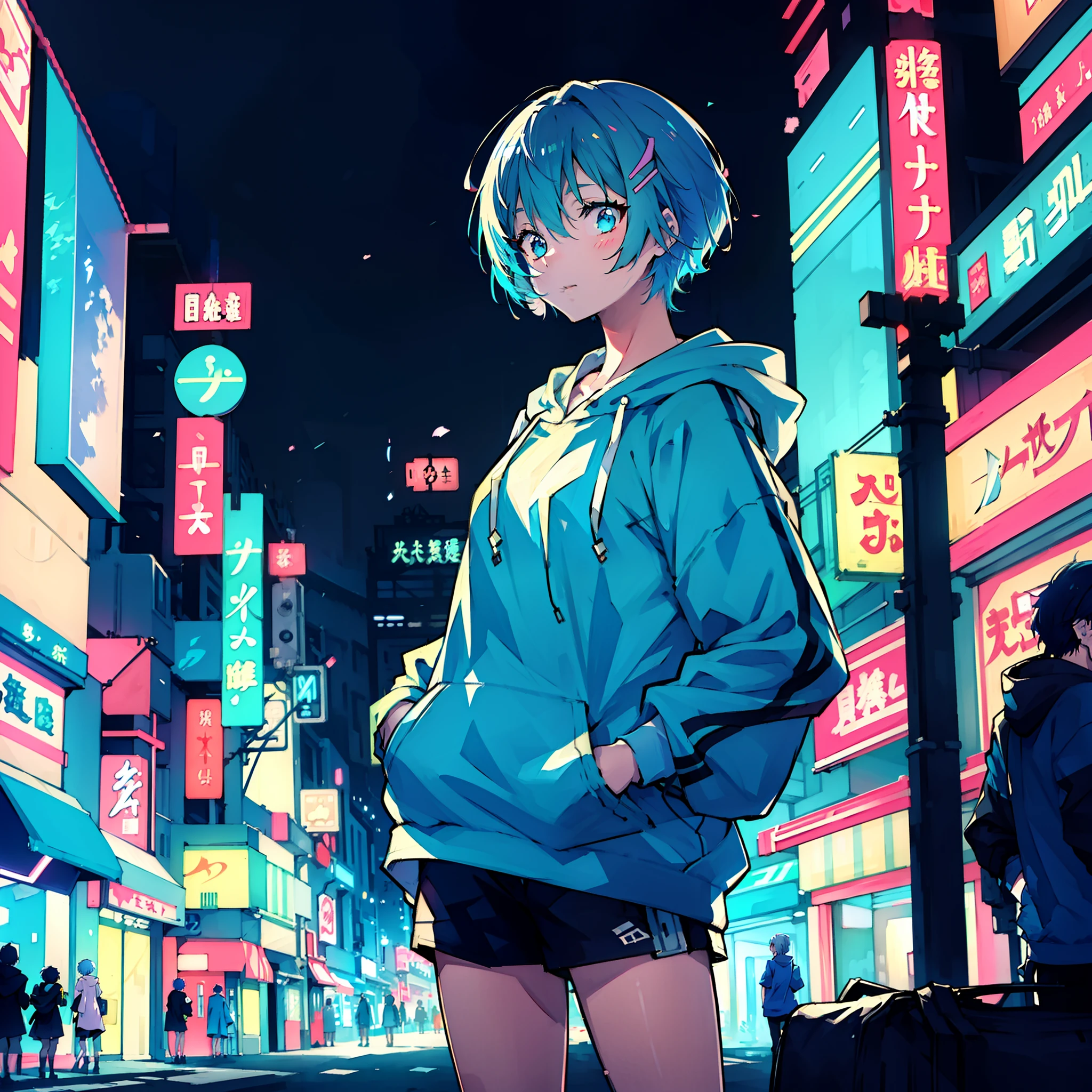 masterpiece, high quality, best detail, japanese anime illustration, a beautihul woman with light blue short hair hair wearing colorhul-hoodie, hands in pockets, (background:neon city, messy street)