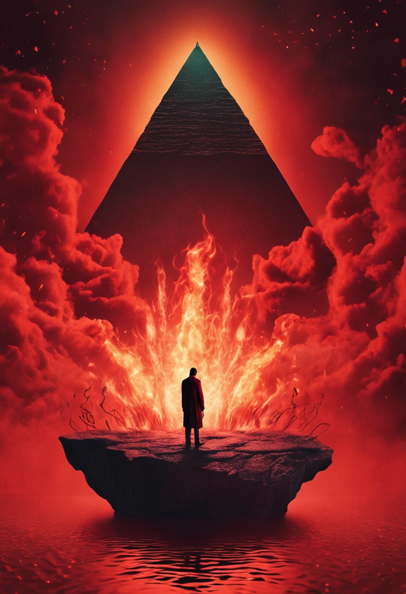 "Obra-prima surrealista. qualidade excepcional. detalhes surpreendentes. Surreal CG rendering of a money in the hand of a dark red lord of a man with money in his hand in hell covered in flames rising above a lake of fire surrounded by red clouds, auto-iluminado |, dentro do inferno e nevoeiro em tons luminosos, celestial lighting, cosmic enlightenment, Experience the fusion of abstract and realistic elements. cores vibrantes e contrastantes. Atmosfera misteriosa. There will be the pyramids of Egypt in the background Surrealist technique in the representation of objects and figures. Organic textures and shapes. Dreamlike inspiration. Amazing composition and perspective. Enter a surreal world full of surprises and emotions."