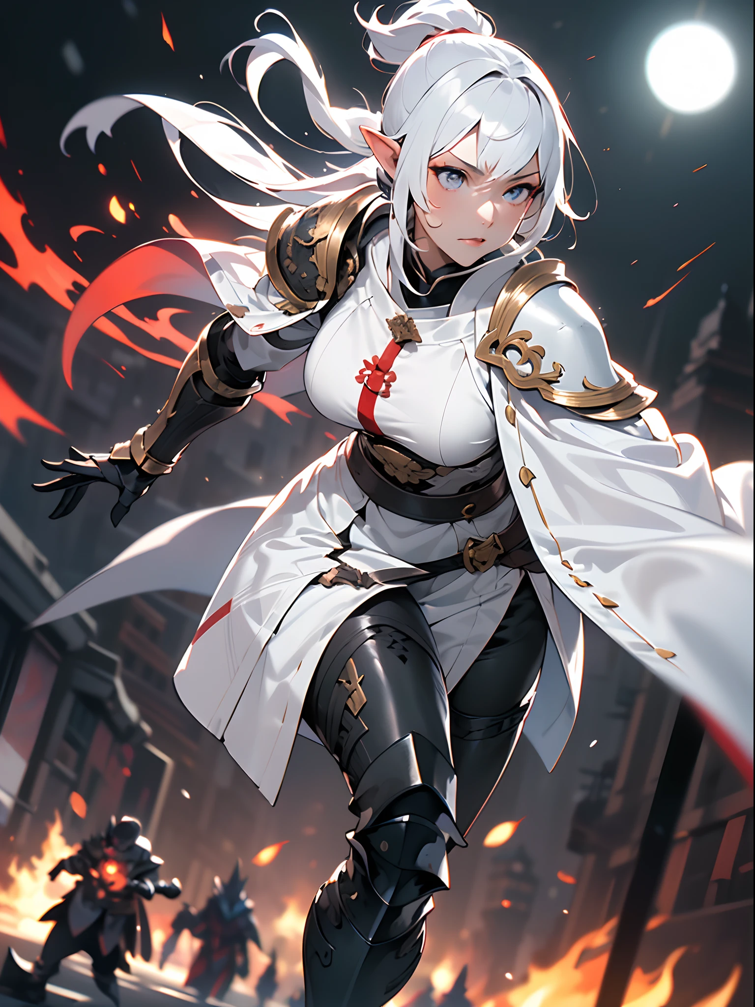 ((jpn)),((Best Quality)),((Beautifully painted)),((hight resolution)),1girl in,Beautiful Elven Daughter,(((White surcote))),((White cloak with red decoration)),Luminescent bushy silver-haired ponytail,Shining eyes,(((black gauntlet and glove))),nice hand, Perfect hands,((Quick movement)),(((Fight black multi-legged monsters in the streets of a blazing night metropolis))),((Flying flames)),armor,(face forcus),(((motion blur))),(((dynamic angle))),((cinematic lighting))