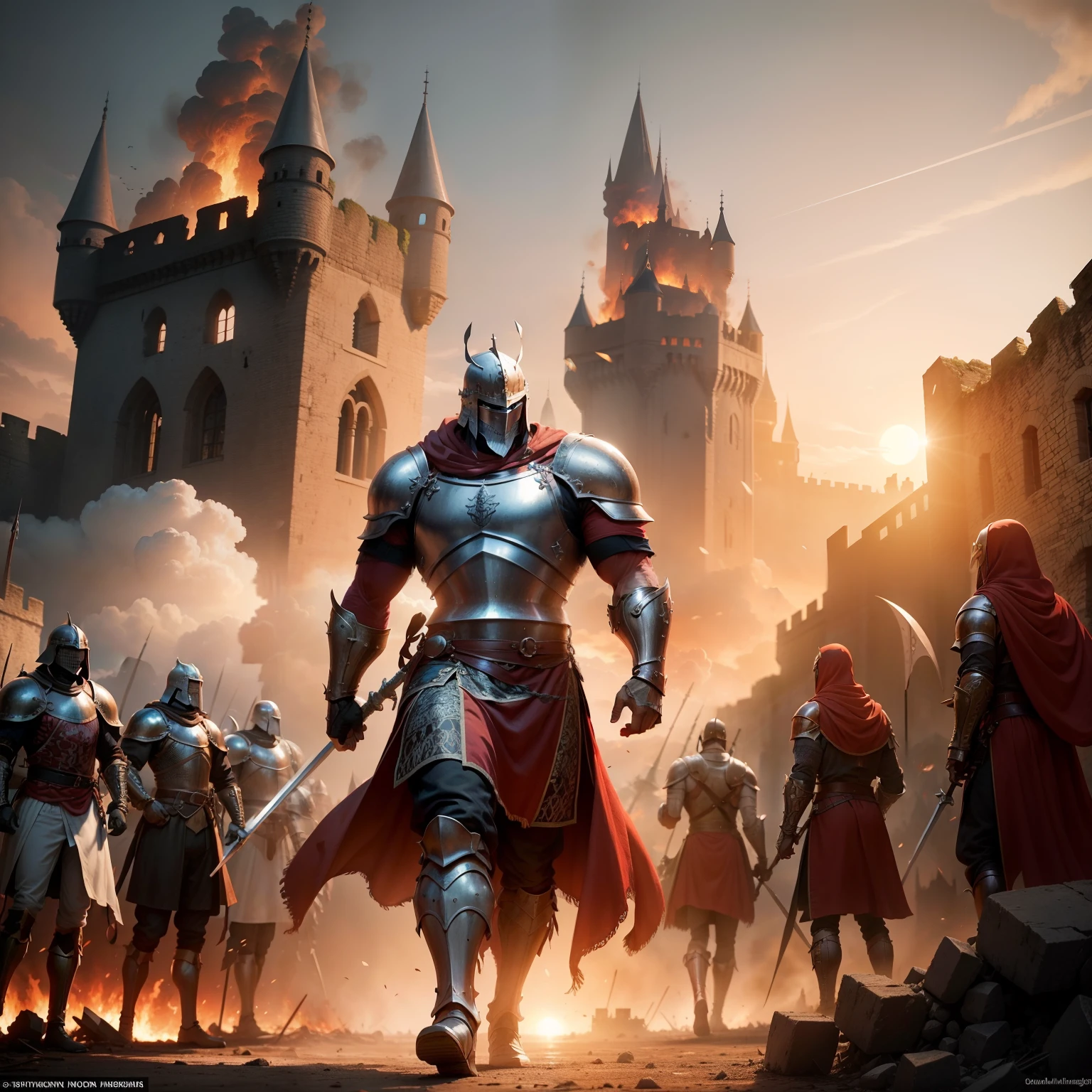 A brave muscular knight faces an army of invaders amid a destroyed backdrop of a burning medieval castle. The knight's sword shines under the setting sun