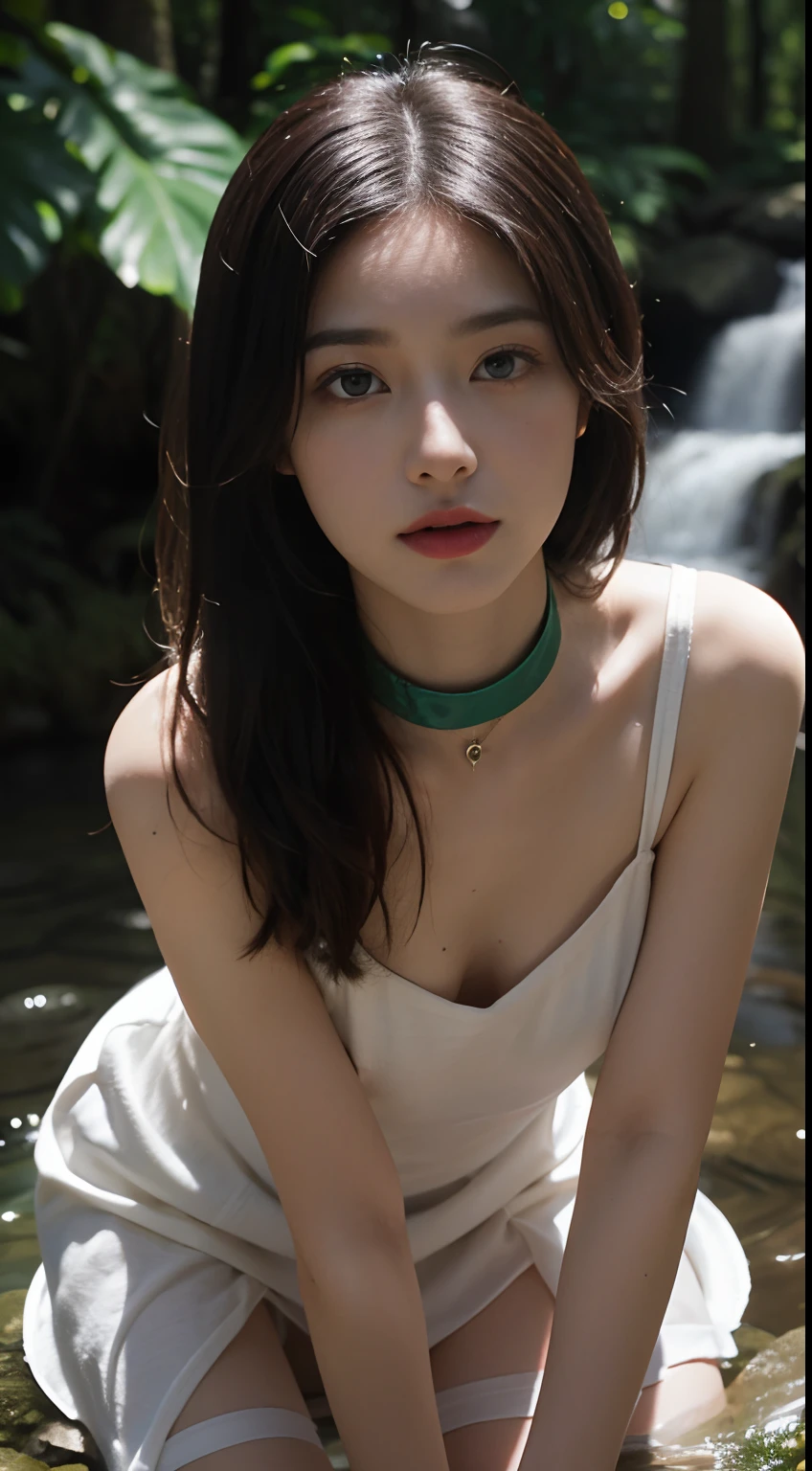 [(white backgrounid:1.4)::5], Dynamic Angle, Original, Additional Detail,(Ultra-detailed),illustration,(Extremely detailed Cg Unity 8K wallpaper), Perfectcomposition ,Intricate details, (Colorful:0.9), (full bodyesbian:1.25), (Intense angle:1.3),(Depth of field), (Tyndall effect:1.2), [Bottle bottom], An extremely delicate and beautiful girl, Solo, Sad expression, Black hair, (Emerald eyes:1.3), Messy_Hair, Long hair, (+perfect hand+:1.21), choker necklace, (Focus_Girl:1.4), Original characters, natural volumetric lighting and best shadows, white sundress, (circle bottom:0.8), (+In the forest+:1.2), (small stream|waterfallr:1.2),