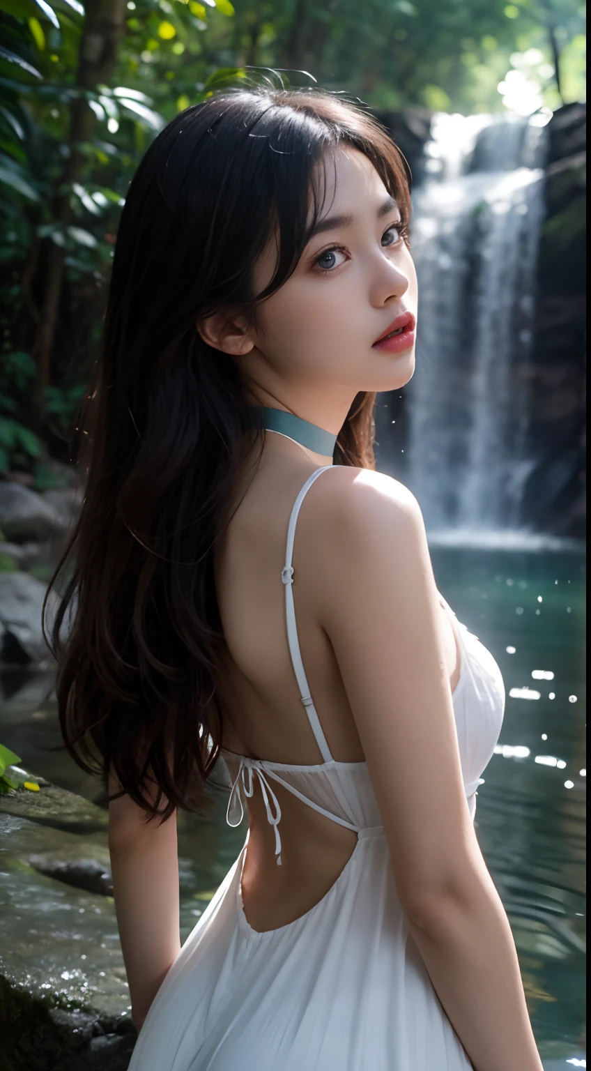 [(white backgrounid:1.4)::5], Dynamic Angle, Original, Additional Detail,(Ultra-detailed),illustration,(Extremely detailed Cg Unity 8K wallpaper), Perfectcomposition ,Intricate details, (Colorful:0.9), (full bodyesbian:1.25), (Intense angle:1.3),(Depth of field), (Tyndall effect:1.2), [Bottle bottom], An extremely delicate and beautiful girl, Solo, Sad expression, Black hair, (Emerald eyes:1.3), Messy_Hair, Long hair, (+perfect hand+:1.21), choker necklace, (Focus_Girl:1.4), Original characters, natural volumetric lighting and best shadows, white sundress, (circle bottom:0.8), (+In the forest+:1.2), (small stream|waterfallr:1.2),