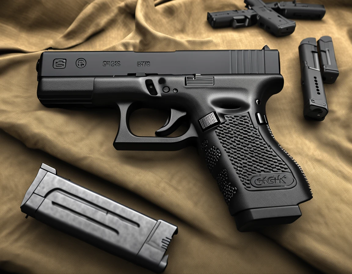 "Glock 9mm automatic pistol with realistic and intricate details, in high resolution."