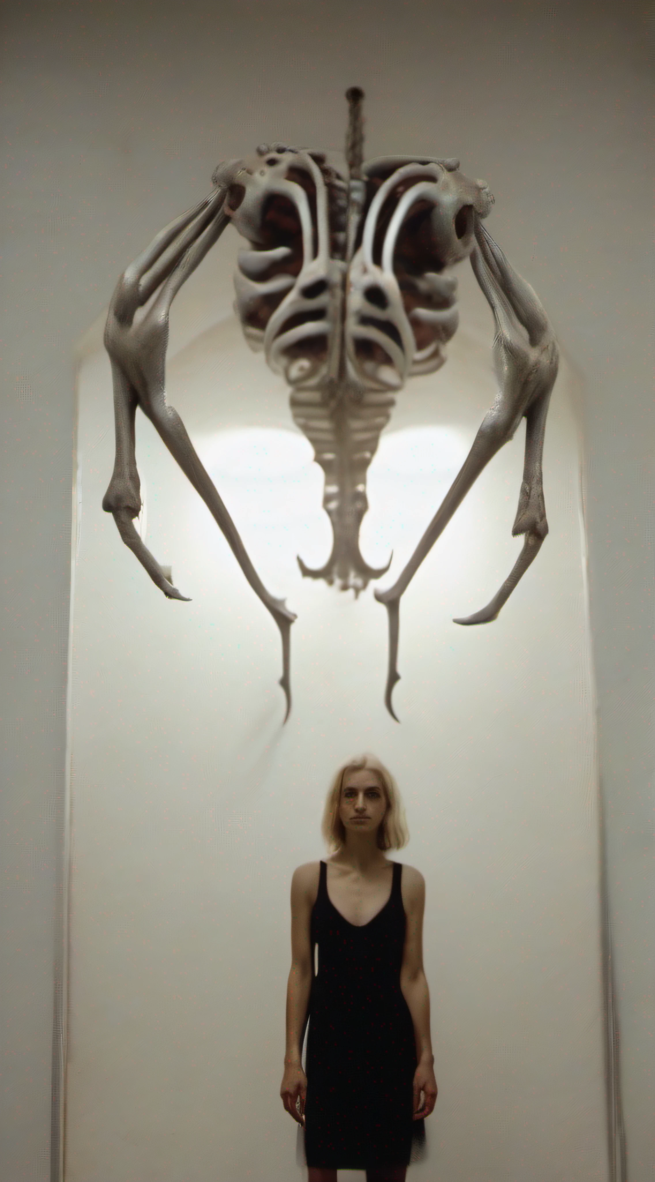 "(The best lighting, alto contraste, oscuro, dramatic),(Chica rubia junto a una cabra negra gigante, Open the rib cage, autopsia, caldero con huesos humanos, sangre por las paredes). Luz Caravaggio"