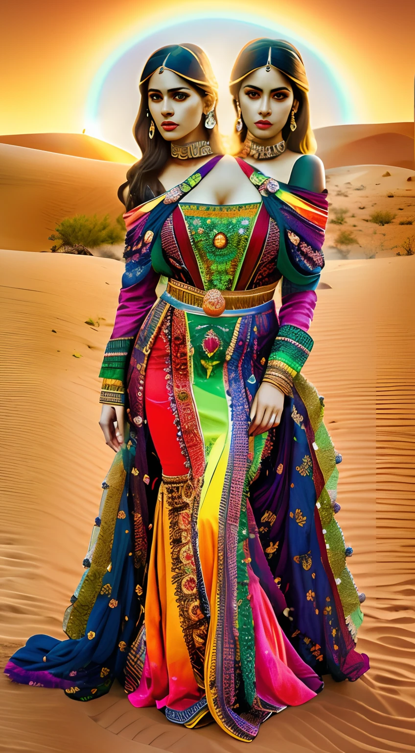 ((2heads)),create Mariana Davalos in Full body photography of the most beautiful artwork in the world, a beautiful woman in intricate costume burning in the desert, rainbow colors, ArtStation, CGSociety, complex, high detail, clear focus, dramatic, realistic pictorial art trends Greg Rutkovsky