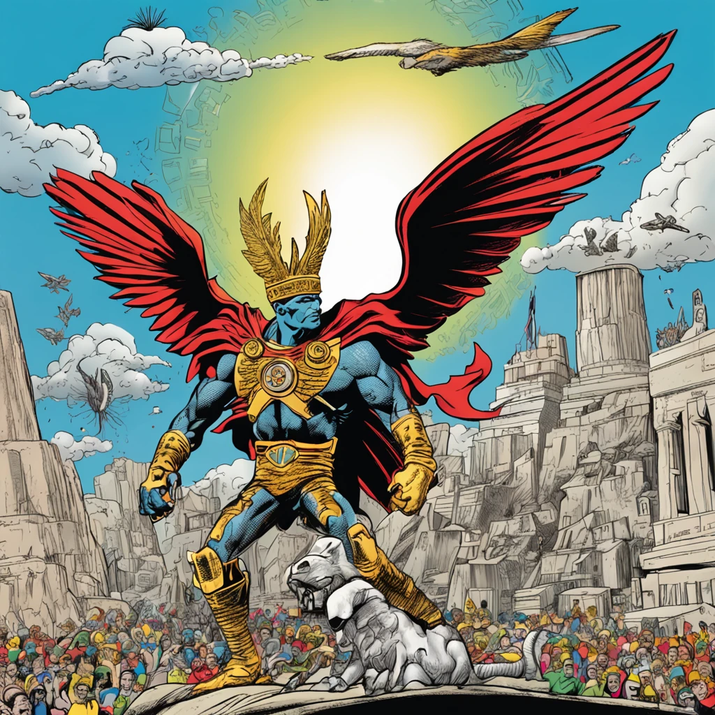 greece pegasus laptop asus, in a sky , wearing a crown , portrait, comic book illustration by jack kirby