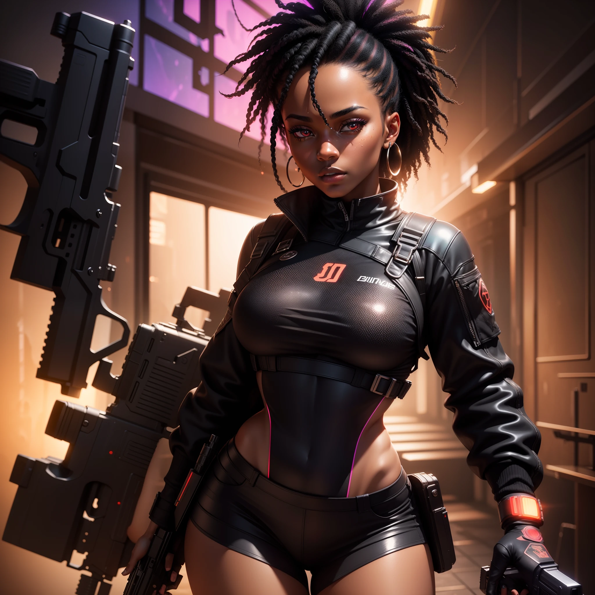 a beautiful black woman with a gun in her hand and a red light behind her, with iridescent light, highly detailed images, vibrant beautiful colours, photorealistic image, 8k, ultra HD, unreal engine rendered, cinematic lighting, artgerm style