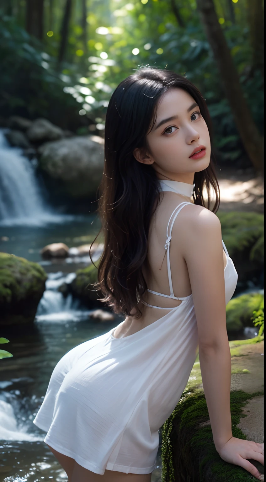 [(white backgrounid:1.4)::5], Dynamic Angle, Original, Additional Detail,(Ultra-detailed),illustration,(Extremely detailed Cg Unity 8K wallpaper), Perfectcomposition ,Intricate details, (Colorful:0.9), (full bodyesbian:1.25), (Intense angle:1.3),(Depth of field), (Tyndall effect:1.2), [Bottle bottom], An extremely delicate and beautiful girl, Solo, Sad expression, Black hair, (Emerald eyes:1.3), Messy_Hair, Long hair, (+perfect hand+:1.21), choker necklace, (Focus_Girl:1.4), Original characters, natural volumetric lighting and best shadows, white sundress, (circle bottom:0.8), (+In the forest+:1.2), (small stream|waterfallr:1.2),