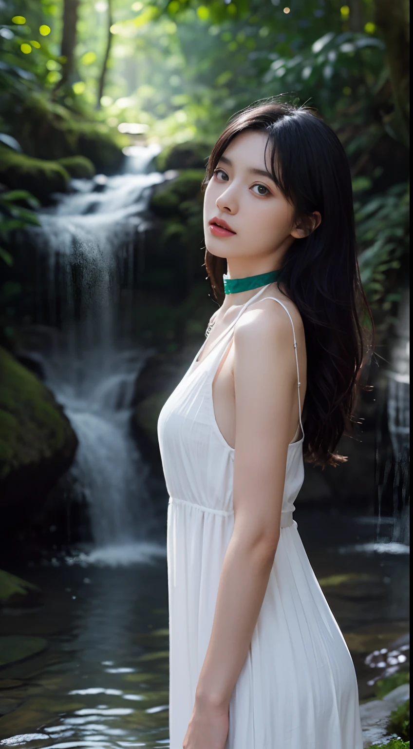 [(white backgrounid:1.4)::5], Dynamic Angle, Original, Additional Detail,(Ultra-detailed),illustration,(Extremely detailed Cg Unity 8K wallpaper), Perfectcomposition ,Intricate details, (Colorful:0.9), (full bodyesbian:1.25), (Intense angle:1.3),(Depth of field), (Tyndall effect:1.2), [Bottle bottom], An extremely delicate and beautiful girl, Solo, Sad expression, Black hair, (Emerald eyes:1.3), Messy_Hair, Long hair, (+perfect hand+:1.21), choker necklace, (Focus_Girl:1.4), Original characters, natural volumetric lighting and best shadows, white sundress, (circle bottom:0.8), (+In the forest+:1.2), (small stream|waterfallr:1.2),
