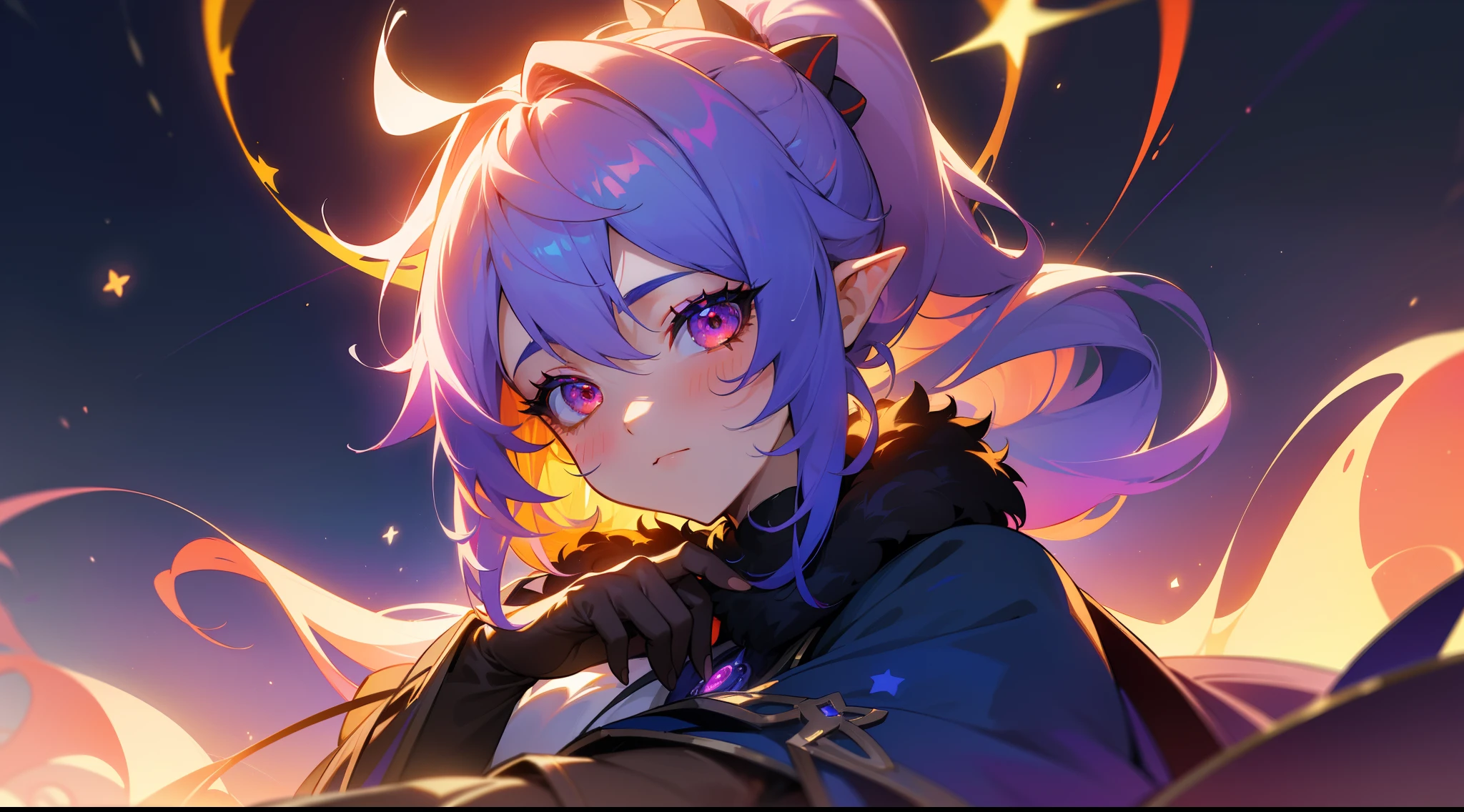 ((tmasterpiece)), (((beste-Qualit))), ((ultradetailed)), ((illustartion)), [The light effect of realism], eye shadow, (fantasy style), (whitebackground), Simple background, illustartion, 1 girl, conjures with both hands, Magic, sly look, Majestic view (multi-colored hair, Hair gradient, Hair color from blue to peach, without bangs, curly curl on the cheek, hairstyle: high ponytail, long tail), The eyes are crimson-red, Warm light, wide eyes, Lashes, side glance, Tanzanite, Glowing Hair, Fantasy clothing, black and red clothing, Decorations in the form of stars, Fur on clothes, Long gloves, Galaxy in the background, Additional lighting, Galactic haze, White Stars, Genshin Impact character, Genshin Impact, atmospheric, Smooth gradient, Bioluminescent stars in the sky, Lots of purple and orange, Complicated details, Rich in detail and color (The color of the rainbow), (glow, Ambiance Lighting), dreamy, elvish