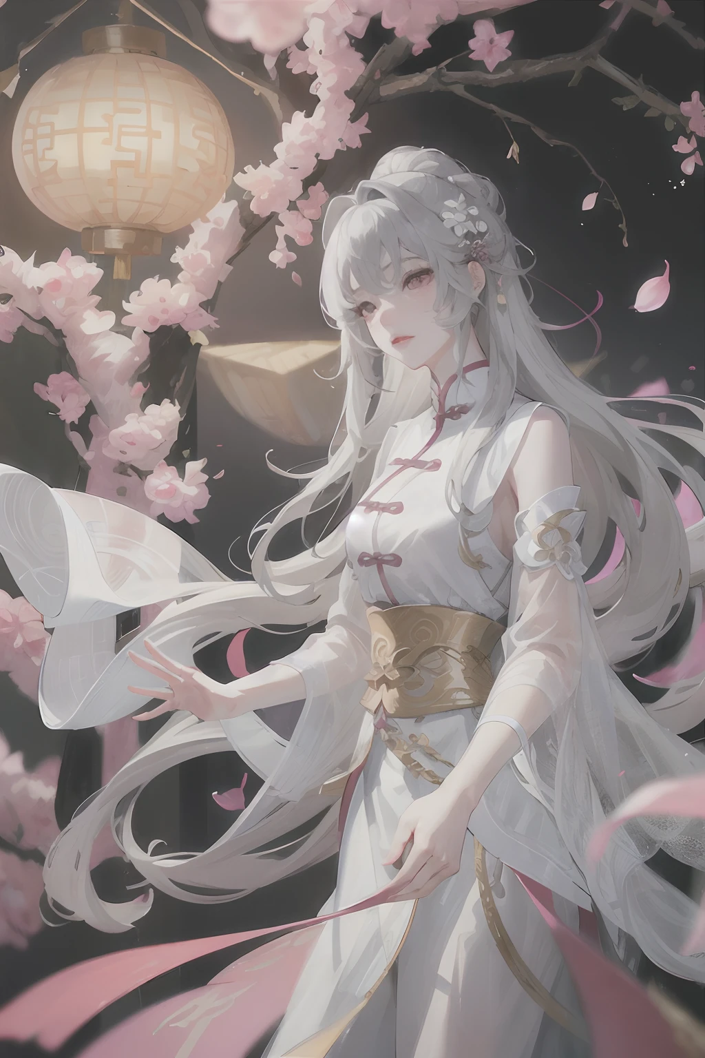 8K masterpiece superb night full moon 1 female Chinese style Chinese architecture mature woman sister silver white long hair woman long hair light pink lips calm rational bangs gray pupil broken flower background, petals dancing, delicate face, delicate hands, close-up