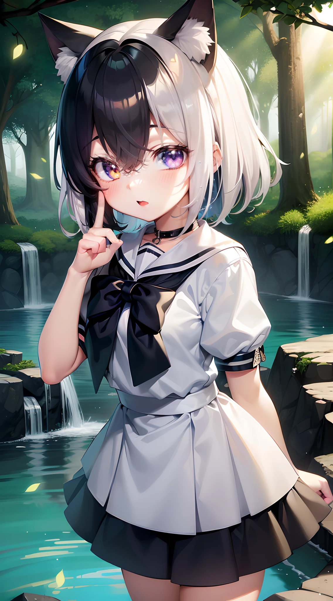 1girl, catgirl, ((chibi)), cute face,((green left eye,blue right eye)), heterochromia,high quality, masterpiece, best quality, open mouth, sailor uniform, ((white hair,blackhair)),night, forest background, fireflies, water fall, ((chib)),glowing lights, light rays,