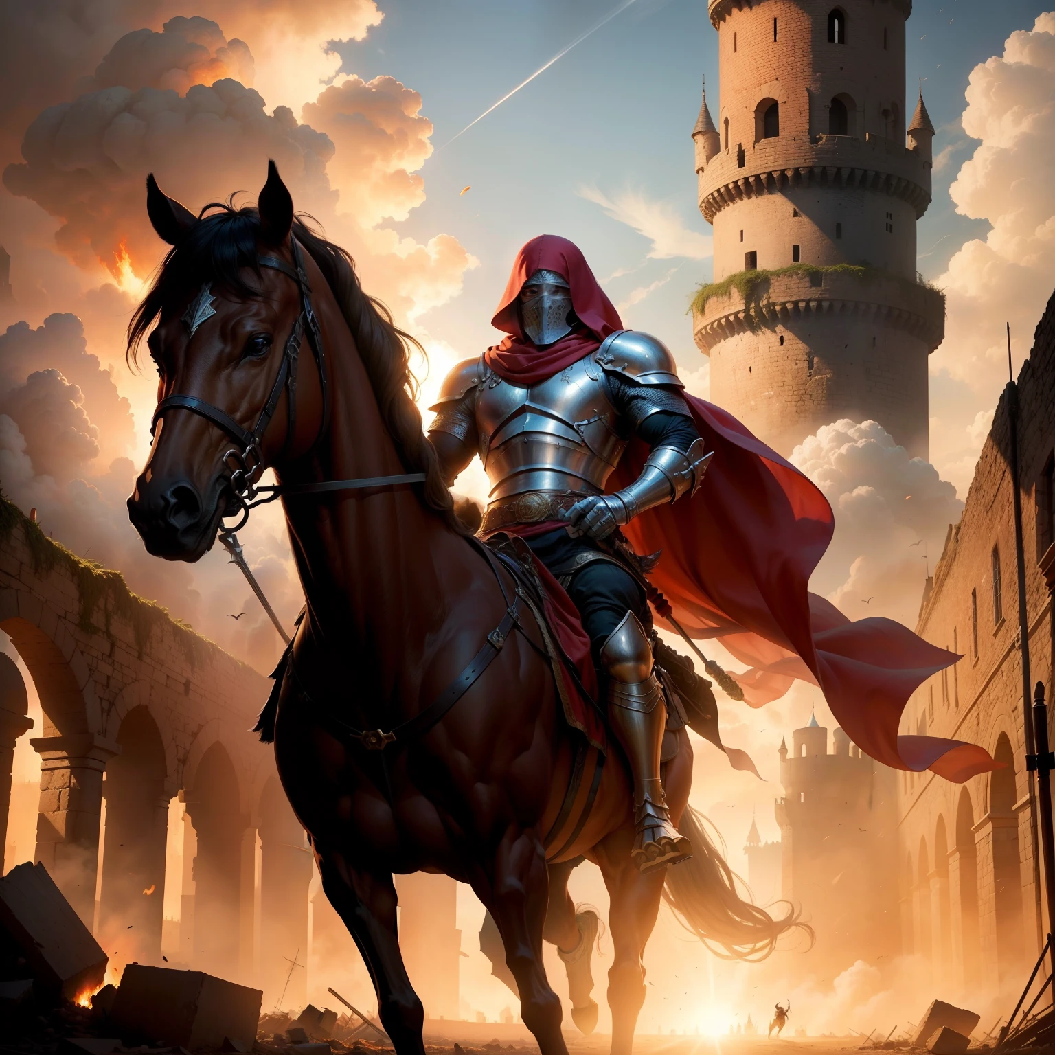 A brave muscular Arab knight faces an army of invaders amid a destroyed backdrop of a burning medieval castle. The knight's sword shines under the sun