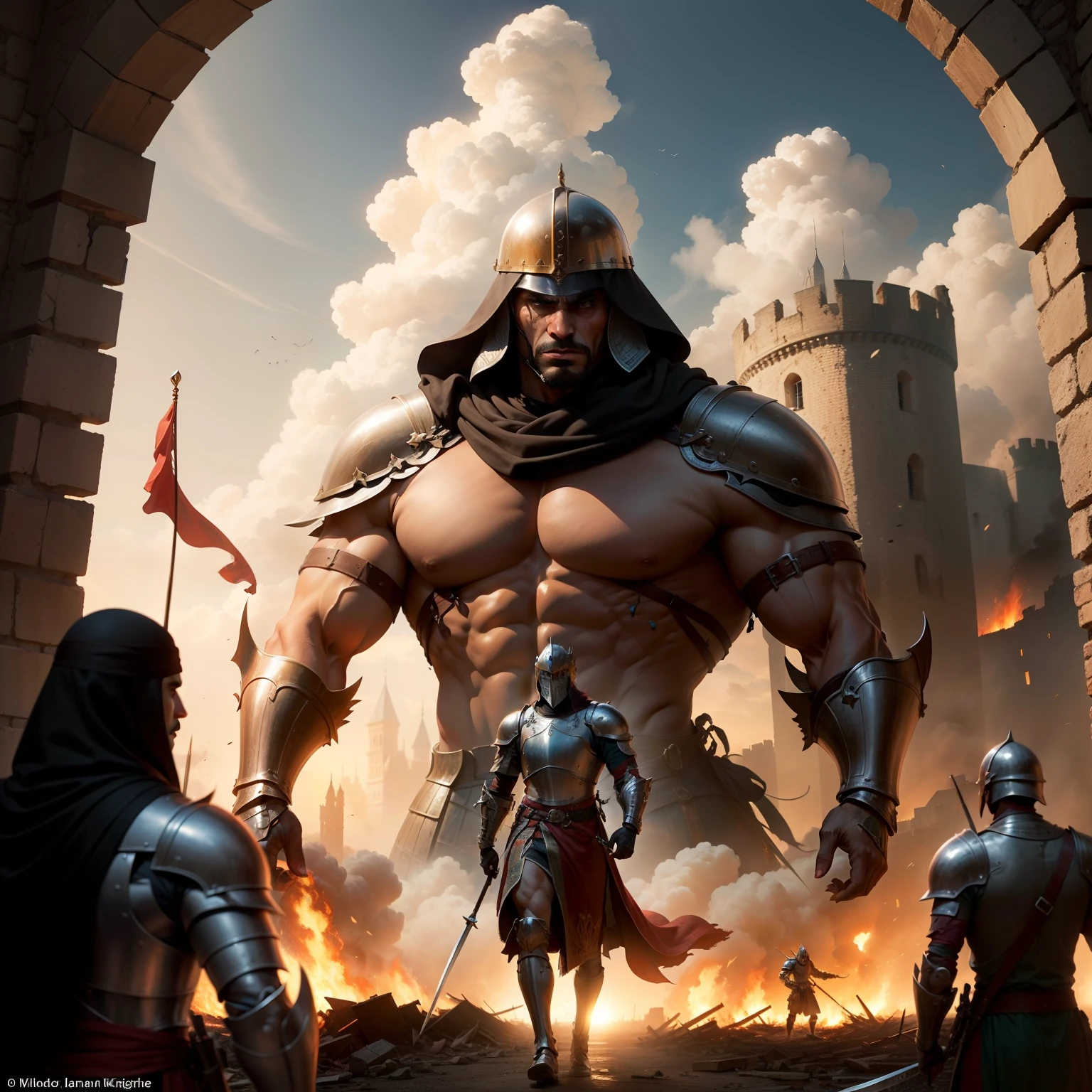 A brave muscular Arab knight faces an army of invaders amid a destroyed backdrop of a burning medieval castle. The knight's sword shines under the sun
