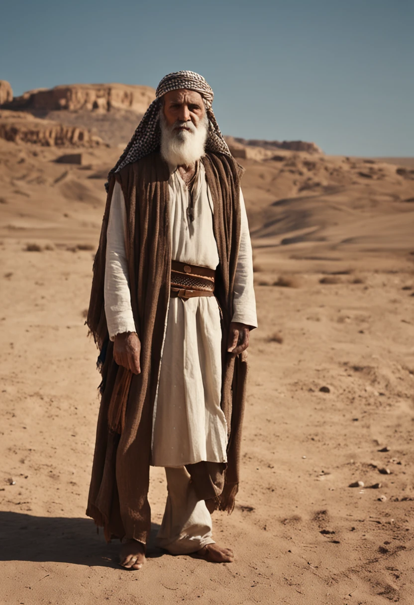 Man with long beard and white beard standing in the desert area, Lead the clan, Israelis dressed in 36864K movies, still from live action movie, live-action movie scenes, 16384k film, still image from tv series, cinematic Film still from, Film still image, portrait of bedouin d&D, wonderful scene