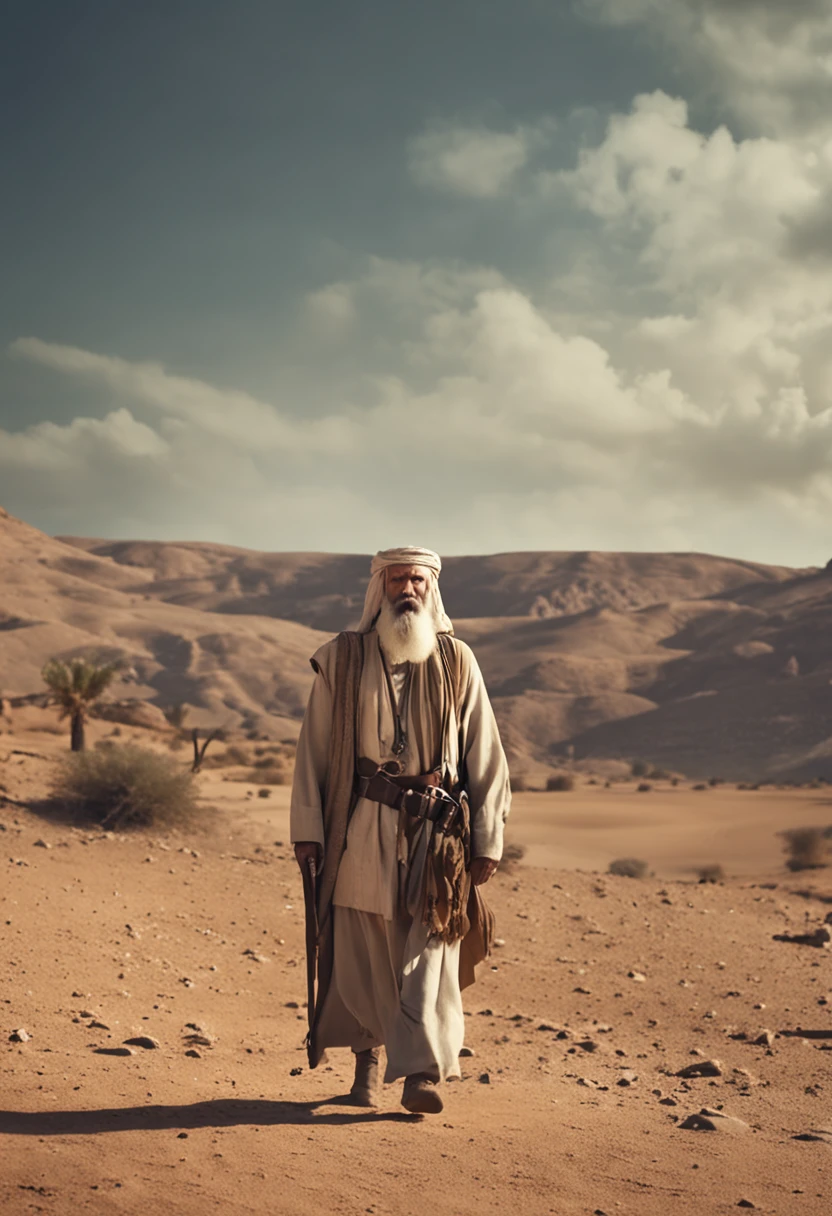 Man with long beard and white beard standing in the desert area, Lead the clan, Israelis dressed in 36864K movies, still from live action movie, live-action movie scenes, 16384k film, still image from tv series, cinematic Film still from, Film still image, portrait of bedouin d&D, wonderful scene