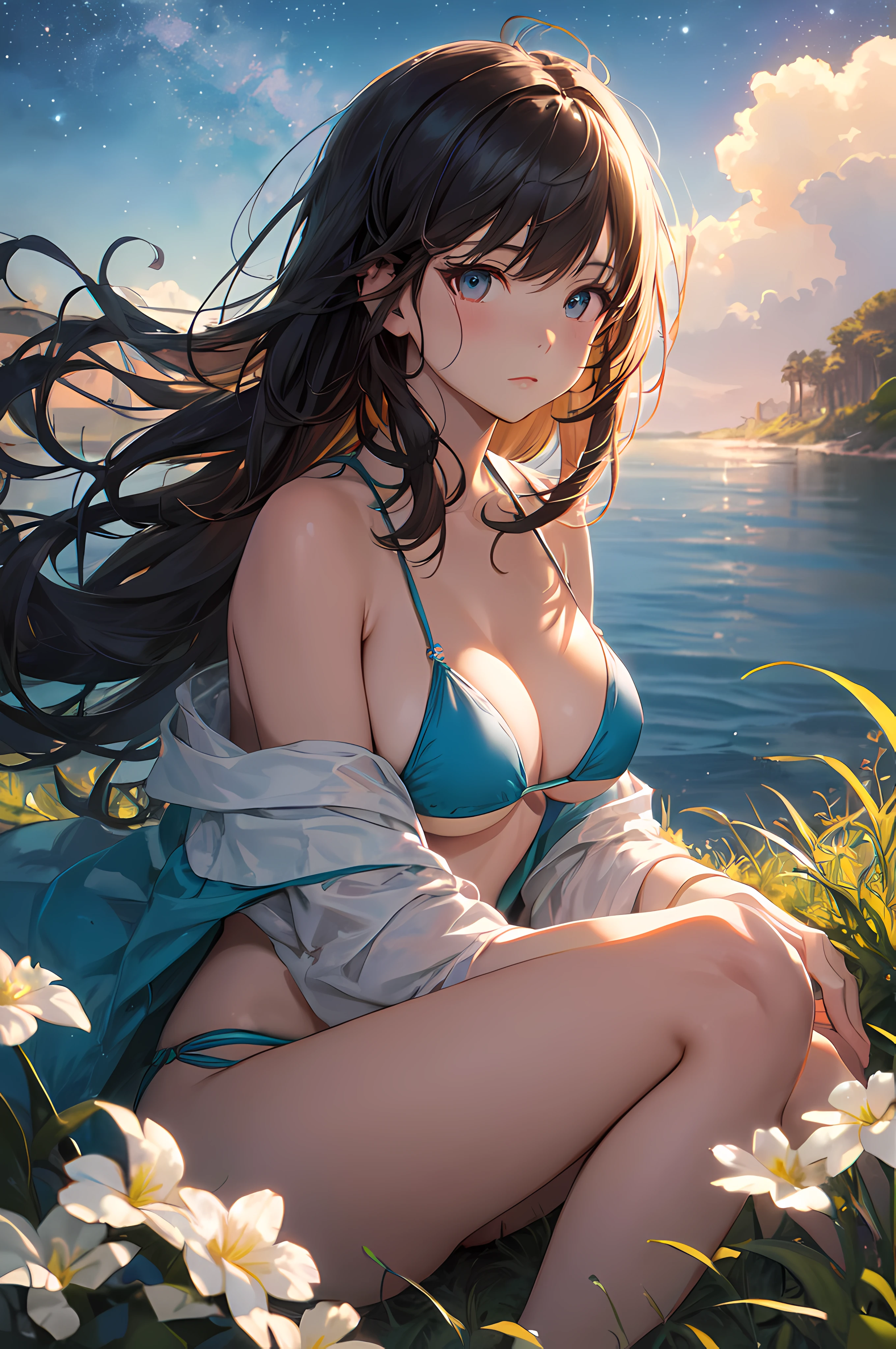 Focus on the person. We create and express the best shining composition of the person. ((Masterpiece)), (((highest quality)))), ((Ultra detail)), (Ultra realistic), (Highly detailed CG illustrations), (Very delicate and beautiful), Girls as masterpieces, highest quality, realistic skin, realistic fabrics, realist illustrations focusing on girls with realistic and ultra-detailed eyes in the center front. This is the absolute rule, and the following sentence expresses the image quality.
BREAK
(((there is a woman wearing a sexy micro bikini sitting on beautiful beach, bikini aesthetics, beautiful adult bikini woman, beautiful girl, portrait of a bikini, beautiful bikini girls, gravure girl, beautiful woman, portrait of fairy, bikini like, beautiful adult book bikini girl, wavy hair))), Create stunning anime artwork that is currently trending on seaStation, showcasing exquisite beauty and captivating aesthetics. Envision a scene where a ite Japanese high school girl, with a youthful face and clear eyes, is lying on a grassy hill under a starry sky in the world of "Princess Mononoke". The grass rustles softly in the wind, the sound of nature providing a soothing soundtrack. Her dynamite body and finely textured skin glow under the moonlight. Her clothes and accessories, realistically depicted, change according to the fabric material. The stars twinkle in the sky, adding a touch of realism to the scene. This image captures a miraculous moment in her life as she bravely lives in this different world. Use a Sony Alpha 1 Mirrorless Camera with a Sony FE 24-105mm f/4 G OSS lens. Set the ISO sensitivity to 32,000 and the shutter speed to 1/125 second. The image should be framed in such a way that the girl is in the center, with the vast starry sky above and the rolling hills of "Princess Mononoke" in the background. --ar 16:9 --v 5.1 --style raw --q 2 --s 750
