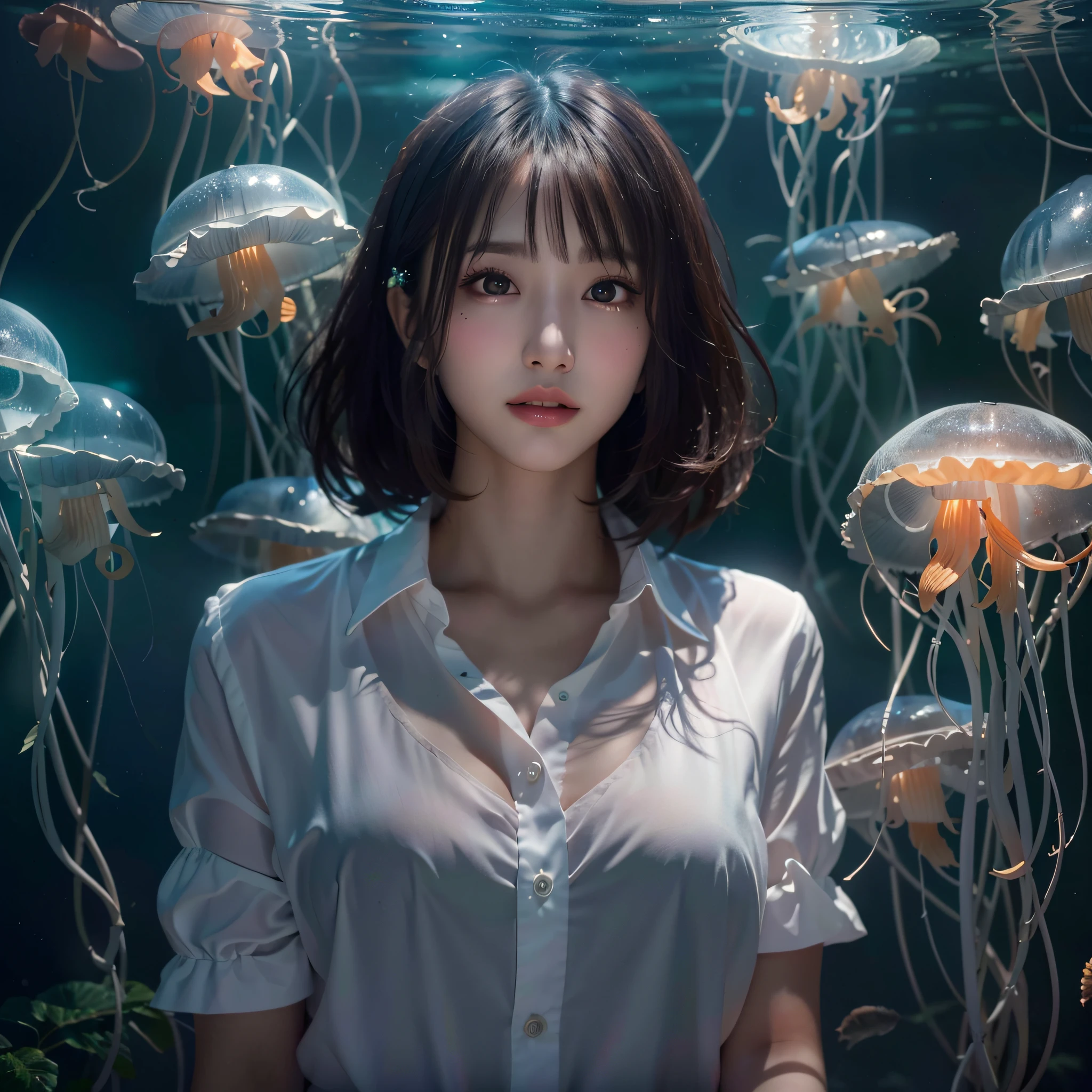 (Background, There are many colorful jellyfish lit up in the tank):1.5, (Standing in front of the aquarium located behind), (high shadows detail), (short hair, dark brown hair),  best quality, masterpiece, ultra high res, (photorealistic:1.3), RAW photo, (1woman:1.3, solo), (Woman looking at the aquarium), (asian girl, ultra delicate face, ultra delicate eyes, ultra detailed nose, ultra detailed mouth, ultra detailed facial features), BREAK (Ruffled blouse with white collar, Black pencil skirt), (medium breast:1.3), from the front side, (shiny skin),  (Sony α7, 85mm Lens, f9.0, pan focus), facing front