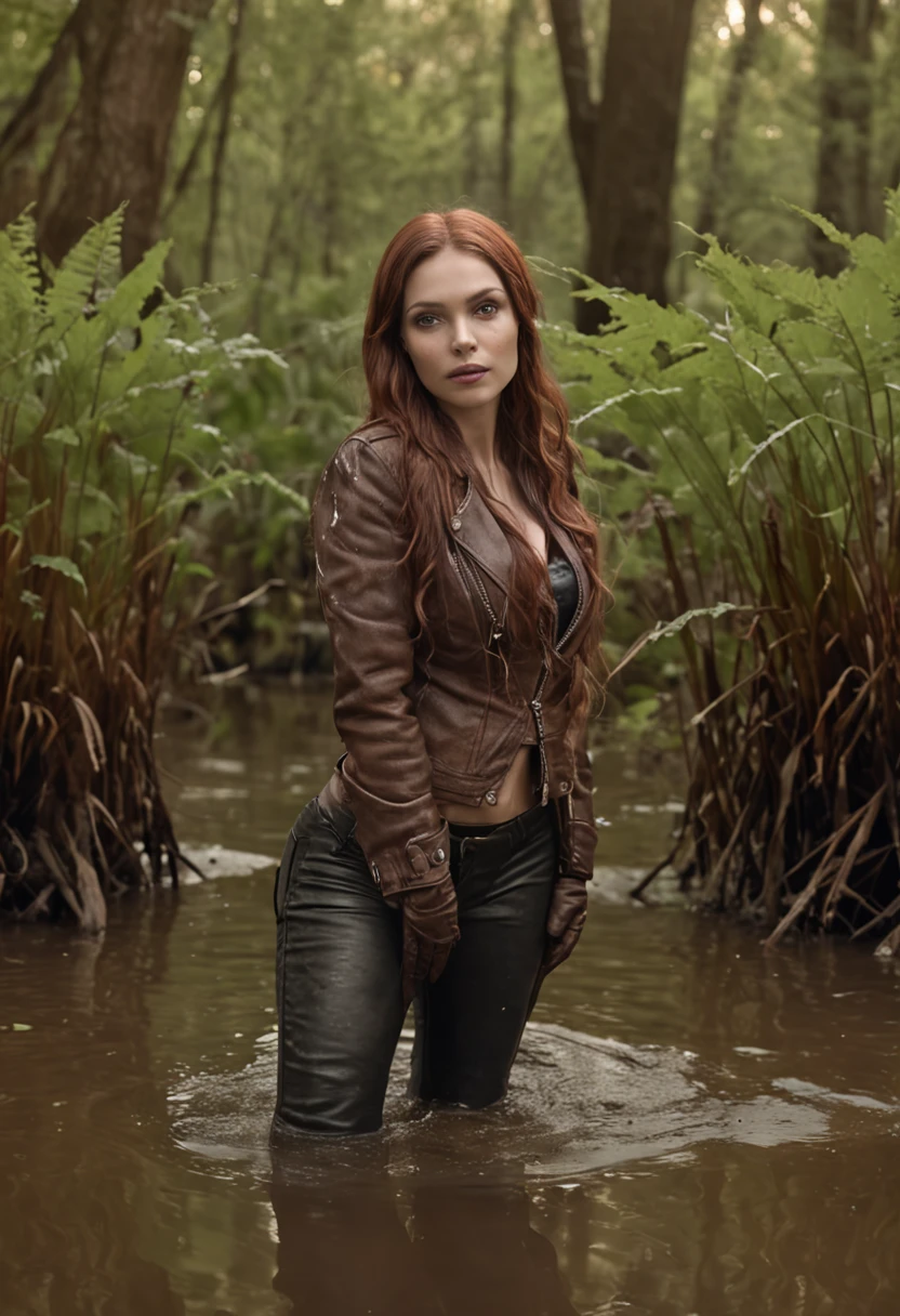 soft-lighting, A woman drowns in her hips in a swamp, um closeup de um, (Realistic fantasy rendering in a swamp:1.2), foto retrato pintura fosca, fotografia de fantasia realista, (lusciousness:1.3), mini saia, Meias pretas com ligaduras, leather jacket, Botas de couro, imagem de cima