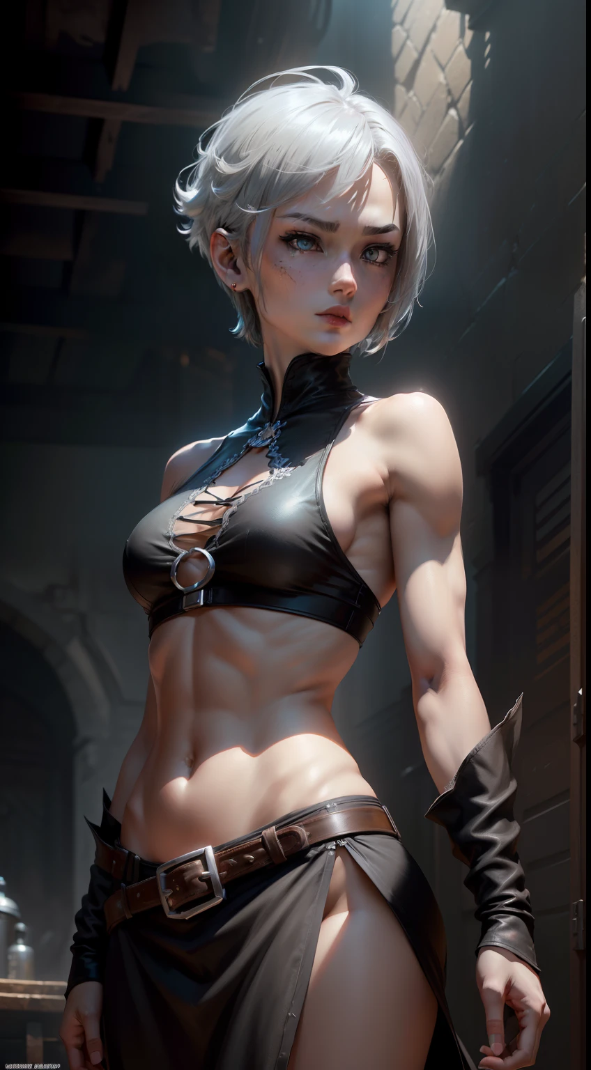 ((angle of view)), 1人, Adult, Slim abs: 1.1, hitman, Standing still, ((Solo)), (Forehead), (buzzcut + Top cut), short length bangs, hair between eye, Short fluffy hair, Silver hair, Serious, Silver eyes, (((black sleeveless top)), (1人), Wide trapeze, bare shoulders, Square chin, ((Black lid containing bromine)), Dark fantasy, Sieberpunk, ((hyperdetailed face, Cinematic, Ultra detailed, concept-art, Illustration 4D, 16k)), Dynamic lighting, hyper qualit, 4K, realistic model.
