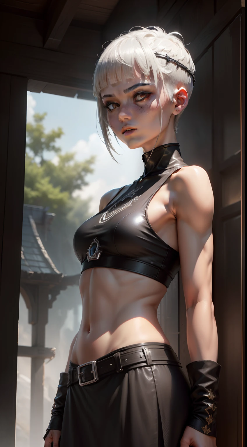 Photorealistic, high resolution, Soft light,1womanl, Solo, Hips up, shiny skins, (Detailed face),Hinata in Naruto, Cool pose, battleground background, Perfect body, White eyes, with short white hair