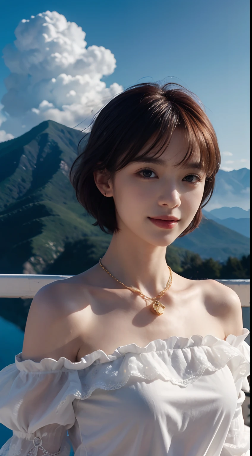 Realism, Surrealist painting, photorealistic realism, (very detailed 8k wallpapers), (extremely delicate and beautiful), (masterpiece), (best quality: 1.5), (ultra resolution: 1.3), detailed skin, ultra-detailed, (short wave hair:1.2), smile, red_hair, breeze, diamond_necklace, full_body, white_off_the_shoulder_shirt_ with_bobo_sleeves, gold_lace, (mountain_top: 1.6), (colorful_clouds), realistic shadows,