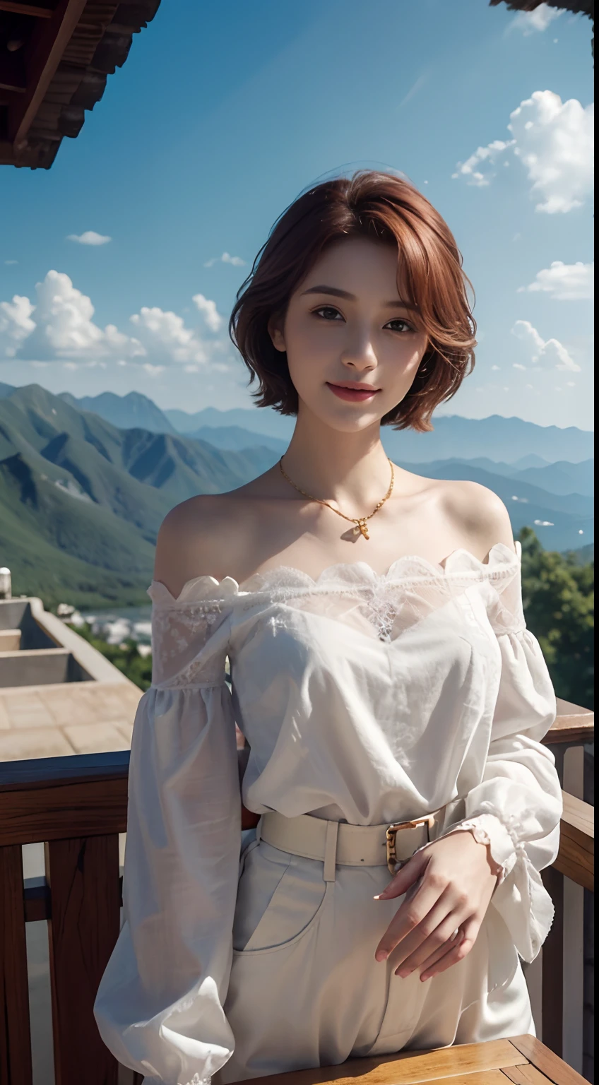 Realism, Surrealist painting, photorealistic realism, (very detailed 8k wallpapers), (extremely delicate and beautiful), (masterpiece), (best quality: 1.5), (ultra resolution: 1.3), detailed skin, ultra-detailed, (short wave hair:1.2), smile, red_hair, breeze, diamond_necklace, full_body, white_off_the_shoulder_shirt_ with_bobo_sleeves, gold_lace, (mountain_top: 1.6), (colorful_clouds), realistic shadows,