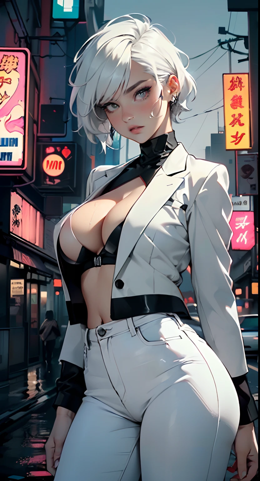 cute albino girl,(((1girl))),((albino girl with extremely cute and beautiful white hair)),
(small breasts:1.4),(((white hair:1.35,colored inner hair,ear breathing,small hair,tomboy haircut))),((heterochromia:1.5,eye1 white,eye2 aqua,perfect eyes,upturned eyes:1.3,beautiful detailed eyes,finely detailed beautiful eyes:1,big highlight on eyes:1.2,slanted eyes)),((fat)),(((pale skin,lustrous skin:1.5,bright skin: 1.5,skin tanned,shiny skin,very shiny skin,shiny body,plastic glitter skin,exaggerated shiny skin,illuminated skin,wet legs))),(spider lower abdomen,narrow waist,wide hip,athletic body,inflated legs,delicate detailed fingers,detailed body,detailed arms,human hands,(detailed face)),
cute,slutty,seductive,erotic,(((nsfw))),
(((wearing white formal blazer,white pants,))),(((huge cleavage))),((wet clothes,detailed outfit,detailed clothes)),
(dynamic pose:1.0),solo focus,embarrassed,(centered,scale to fit dimensions,Rule of thirds),
((((cyberpunk city by the ocean,huge buildings,neon signs,puddles)))),stormy sky,threatening sky,dark clouds,((synthwave background theme,detailed background : 1.25)),((((night,nice lighting decorations,detailed architecture)))),
(best quality,high resolution,sharp focus,ultra detailed,extremely detailed,extremely high quality artwork,(realistic,photorealistic:1.37),8k_wallpaper,(extremely detailed CG 8k),(very fine 8K CG),((hyper super ultra detailed perfect piece)),flawless,(((masterpiece))),illustration,vibrant colors,(intricate),High contrast,Selective lighting,Double exposure,HDR (High Dynamic Range),Post-processing,Background blur,colors,(intricate),High contrast,Selective lighting,Double exposure,HDR (High Dynamic Range),Post-processing,Background blur,