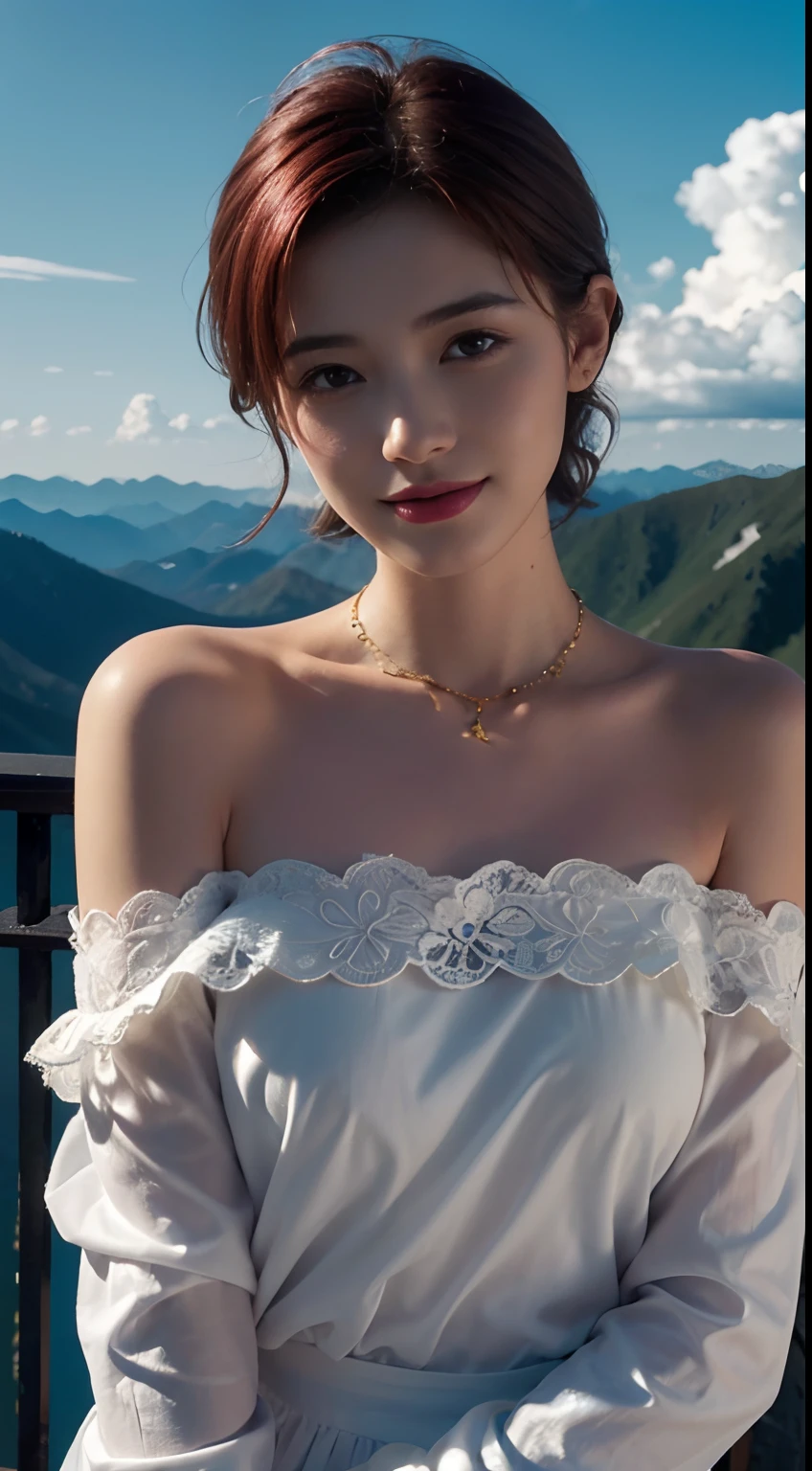 Realism, Surrealist painting, photorealistic realism, (very detailed 8k wallpapers), (extremely delicate and beautiful), (masterpiece), (best quality: 1.5), (ultra resolution: 1.3), detailed skin, ultra-detailed, (short wave hair:1.2), smile, red_hair, breeze, diamond_necklace, full_body, white_off_the_shoulder_shirt_ with_bobo_sleeves, gold_lace, (mountain_top: 1.6), (colorful_clouds), realistic shadows,